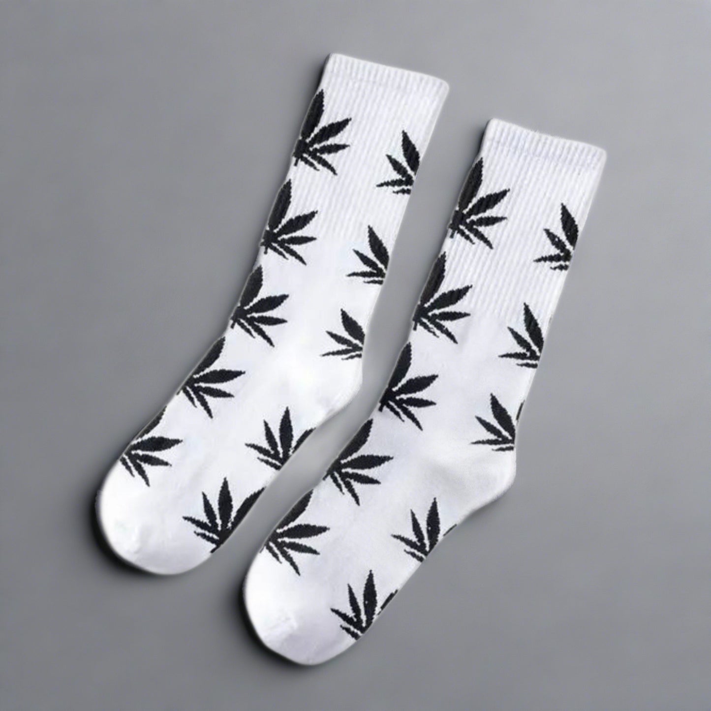 white and black marijuana leaf socks