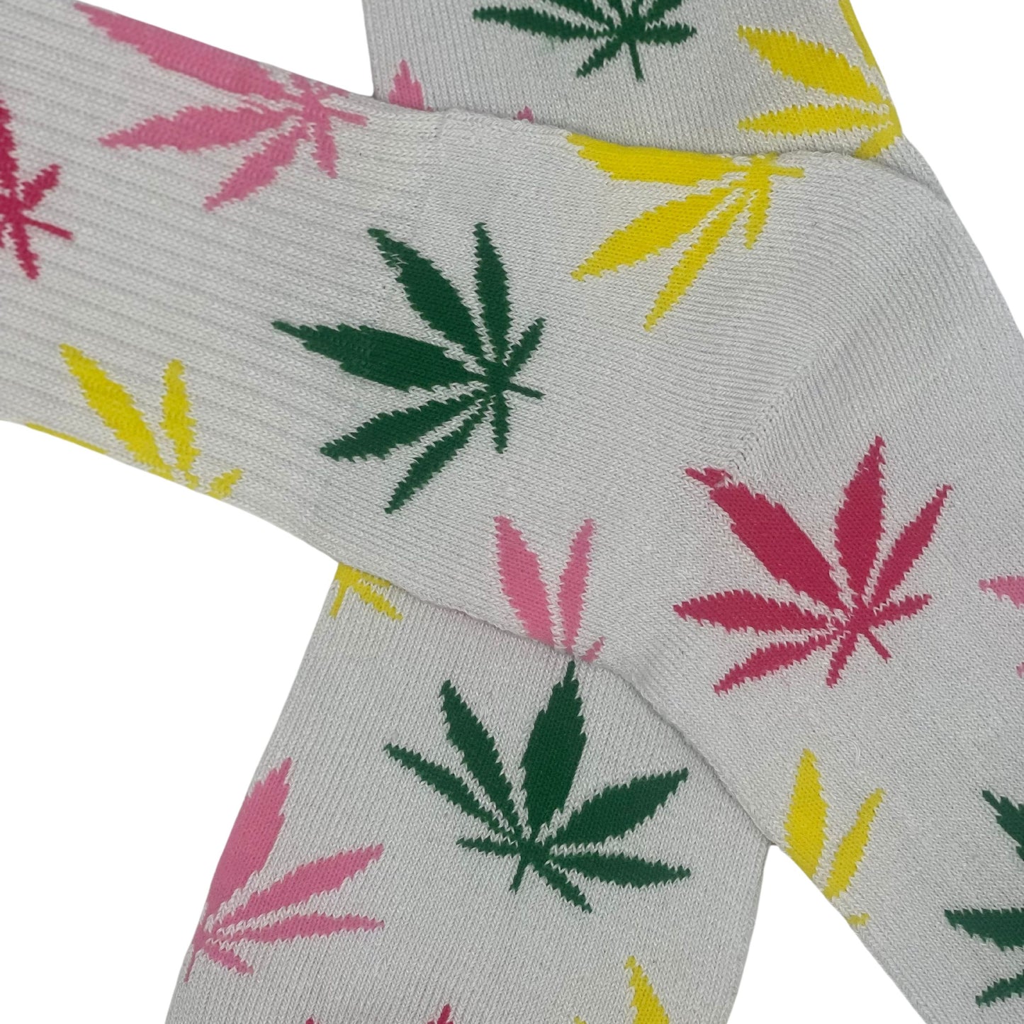 white crew socks with multicolored marijuana leaves