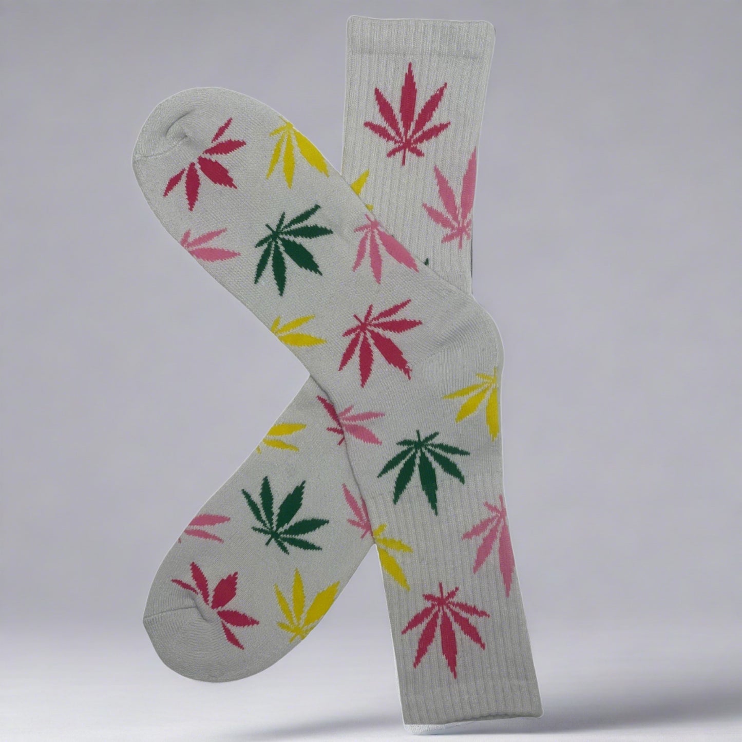 white and colorful marijuana leaf socks