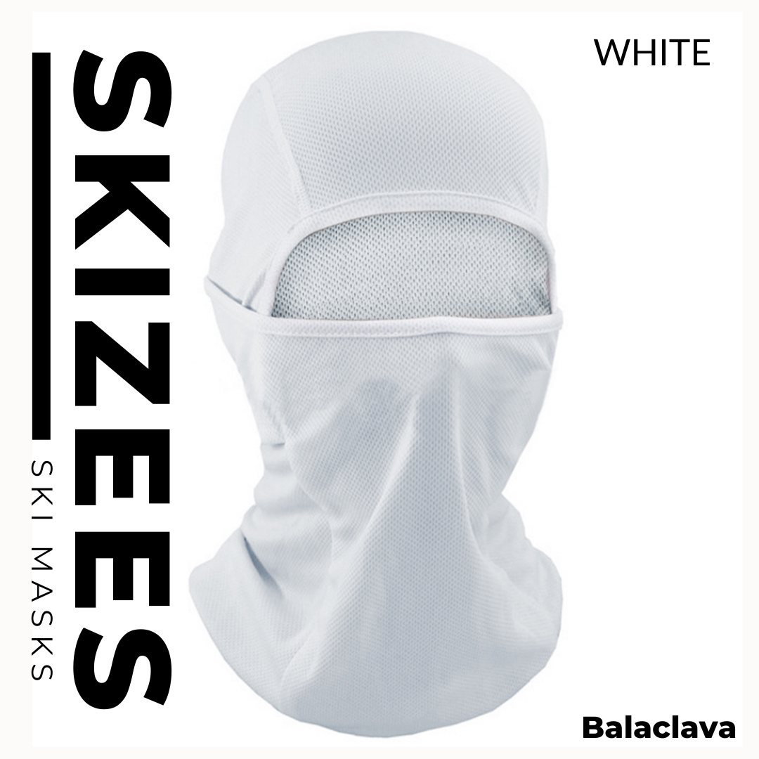 White ski mask balaclava face mask for outdoor recreation sports activities protects against cold wind, dust, sun, pollen, and other environmental elements. Use for Paintball, Airsoft, ATV Riding, Camping, Fashion Accessory, Football Baseball and softball Games, Hiking, Trekking, Hunting, Running, Climbing, Cycling, Motorcycling, Motocross, snowboarding, Kayaking, Skateboarding, Scooter Riding, , Extreme sports, contest, Go-cart racing