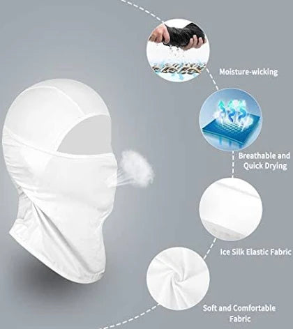 White ski mask balaclava face mask moisture-wicking breathable and quick-drying, ice silk fabric soft and comfortable for outdoor recreation sports activities protects against cold wind, dust, sun, pollen, and other environmental elements. Use for Paintball, Airsoft, ATV Riding, Camping, Fashion Accessory, Football Baseball and softball Games, Hiking, Trekking, Hunting, Running, Climbing, Cycling, Motorcycling, Motocross, snowboarding, Kayaking, Skateboarding, Scooter Riding