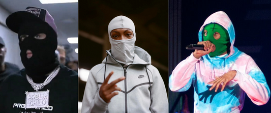 Image showing three people wearing ski mask rapper Tyler, The Creator, wearing a green ski mask with three holes, professional boxer, Jake Paul wearing a black ski mask with three holes and a UK rapper wearing a white ski mask with one hole