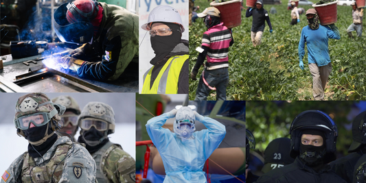 Photo collage of construction workers welder farmworkers American soldiers, police officers hospital workers wearing balaclavas under their PPE equipment