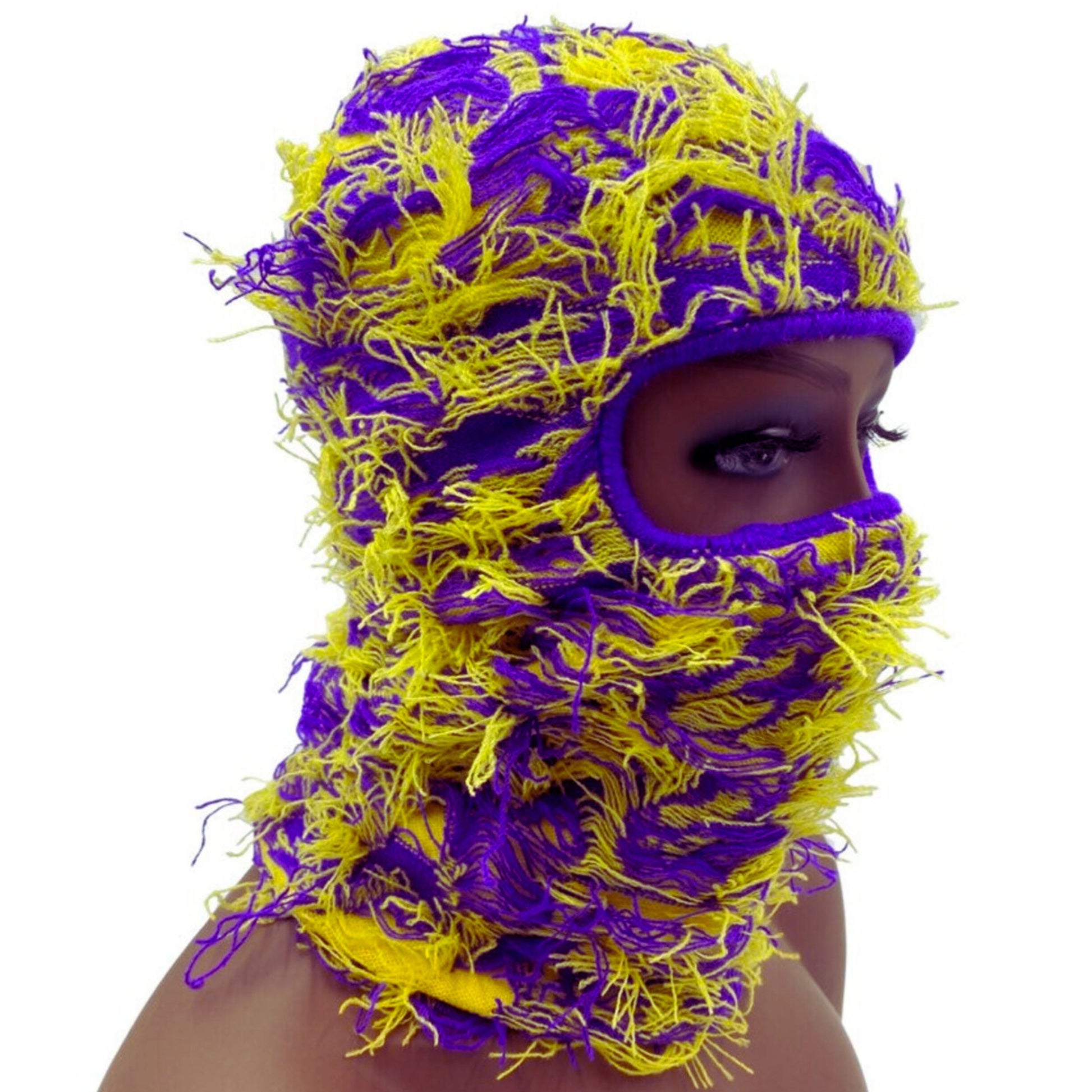 distressed purple and yellow balaclava