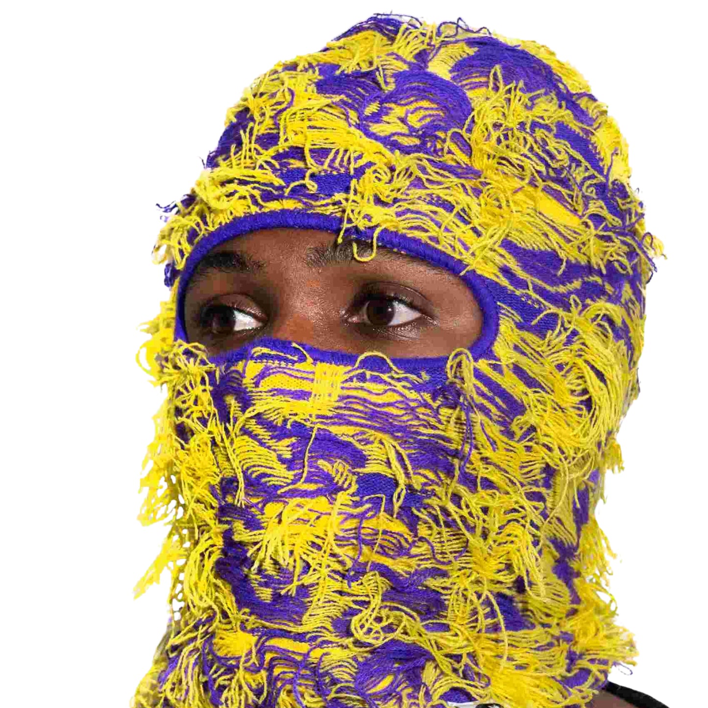 distressed purple and yellow balaclava