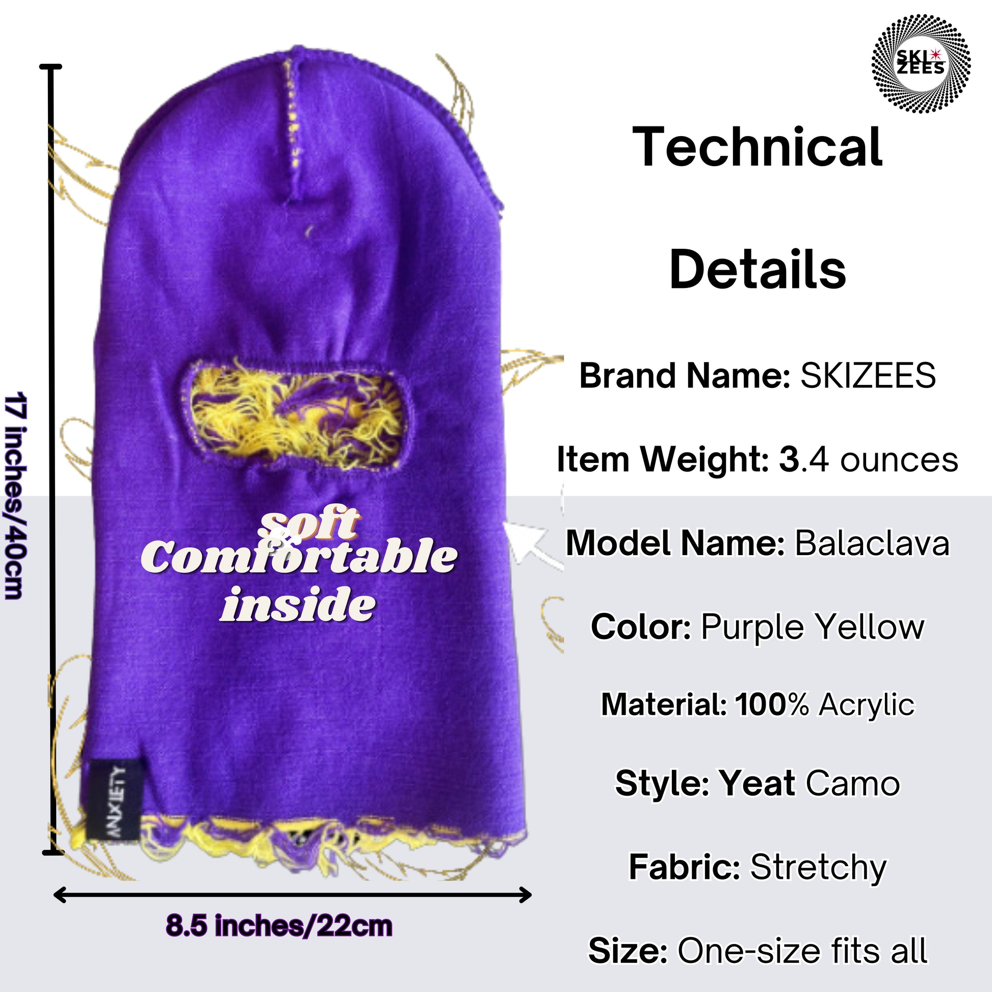 Laker colors balaclava ski mask tech details 100% acrylic camo