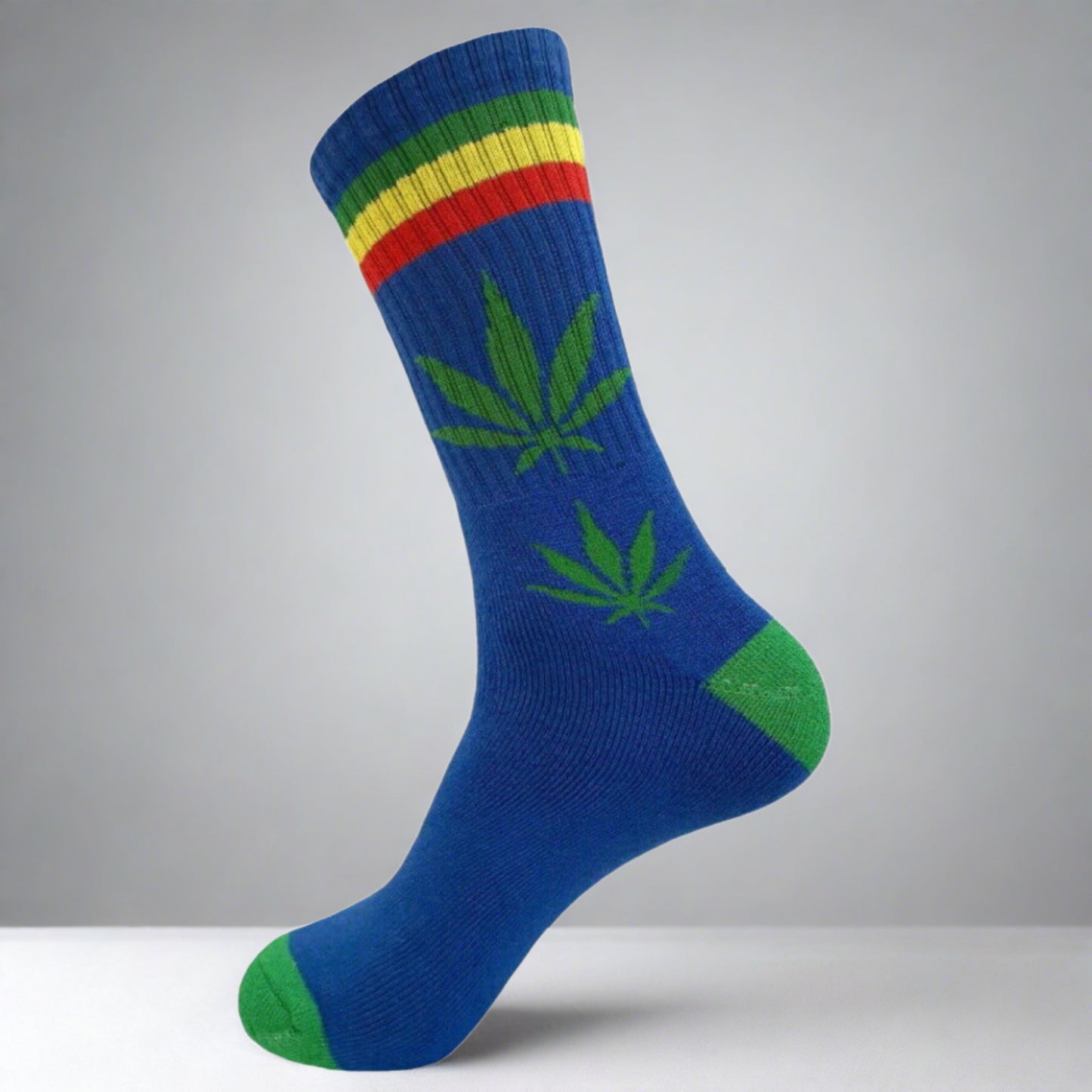 blue and green marijuana leaf sock