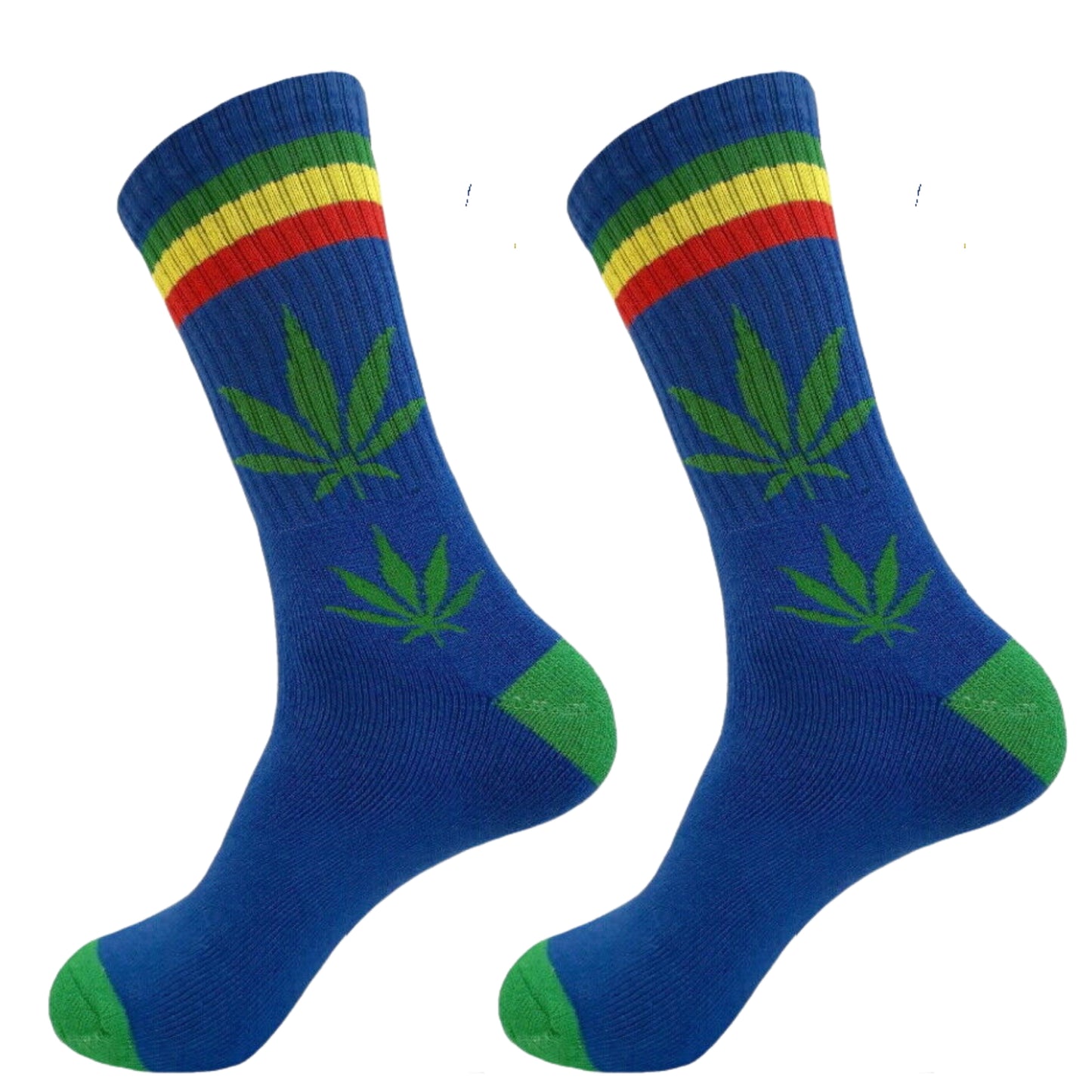 blue, green, red, and yellow weed socks with stripes