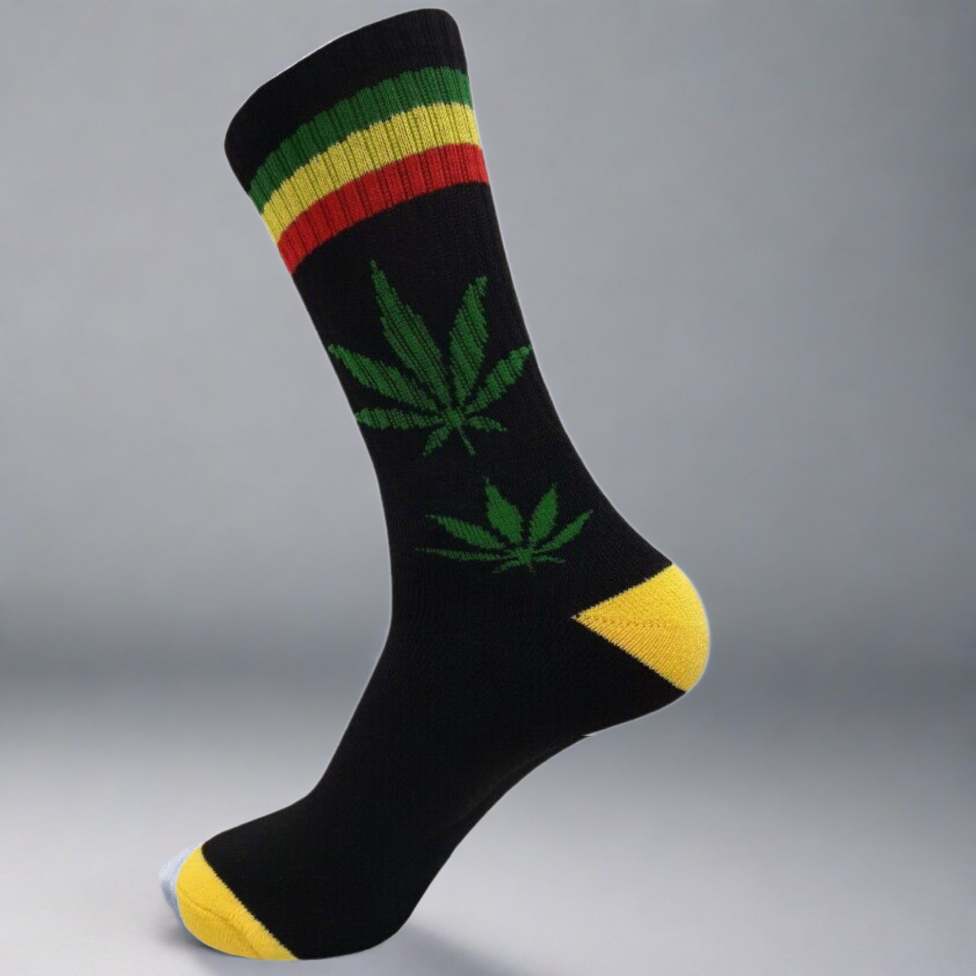 green yellow red stripe marijuana sock