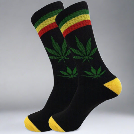 Green, Yellow, and Red Stripe Marijuana Leaf Crew Socks Rasta beach party