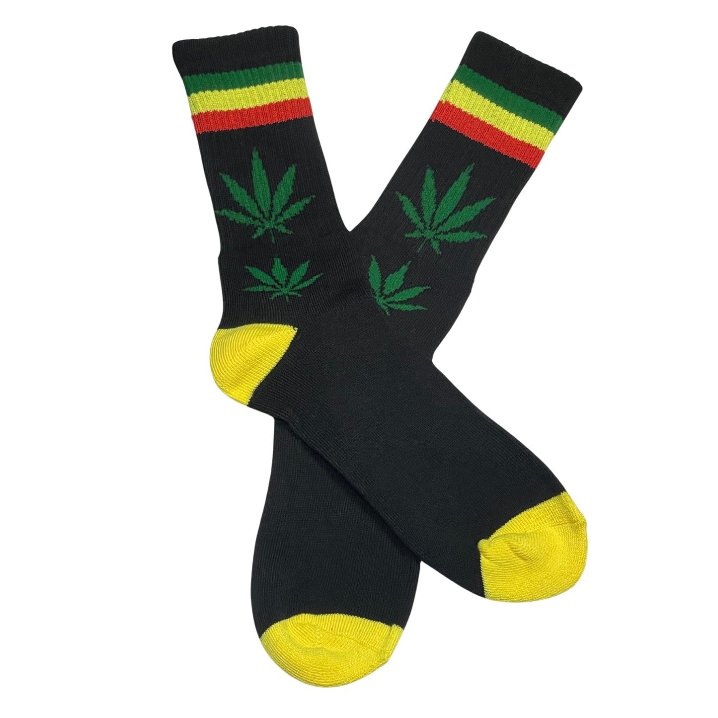 black socks with red, green, yellow, stripes