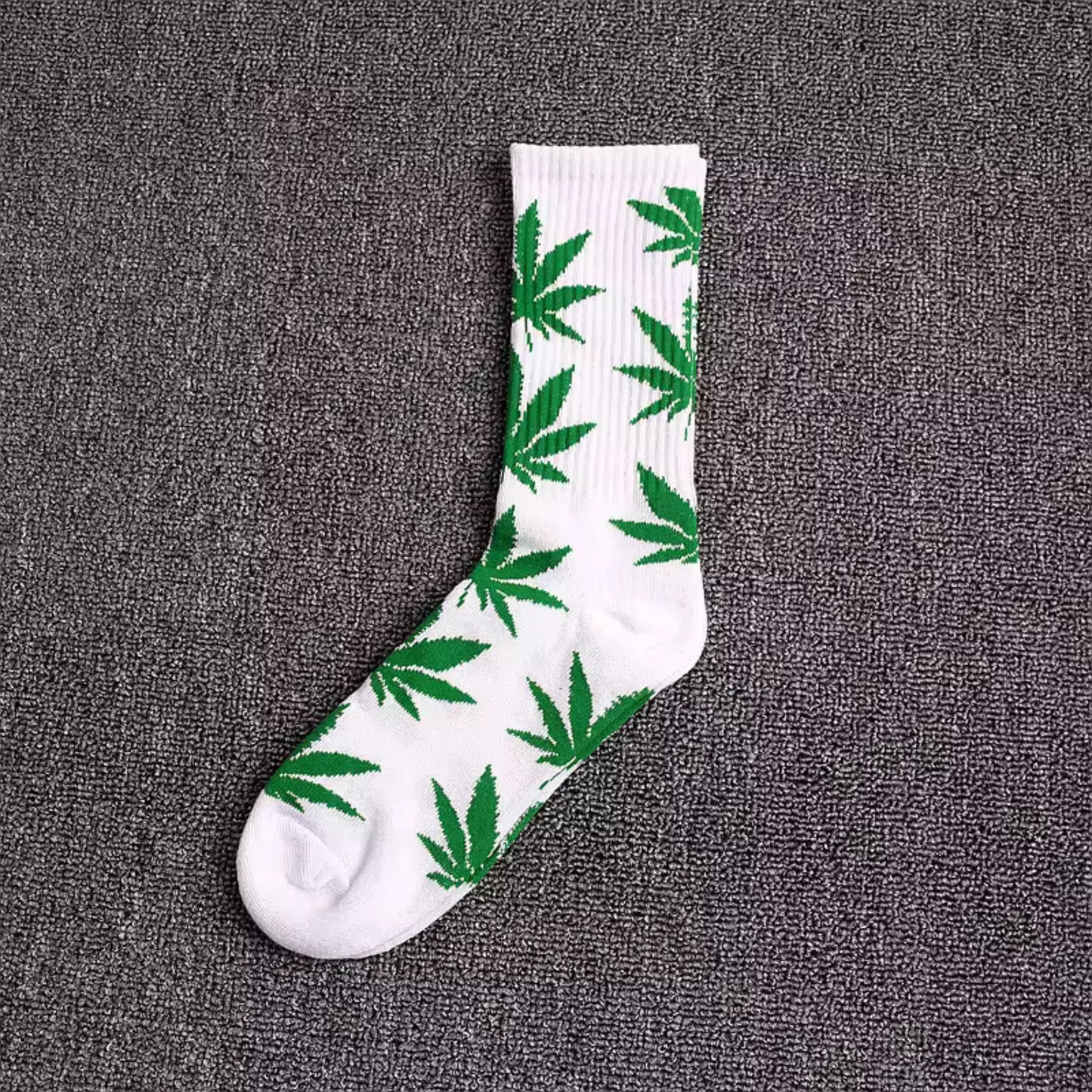 White and green weed leaf crew socks