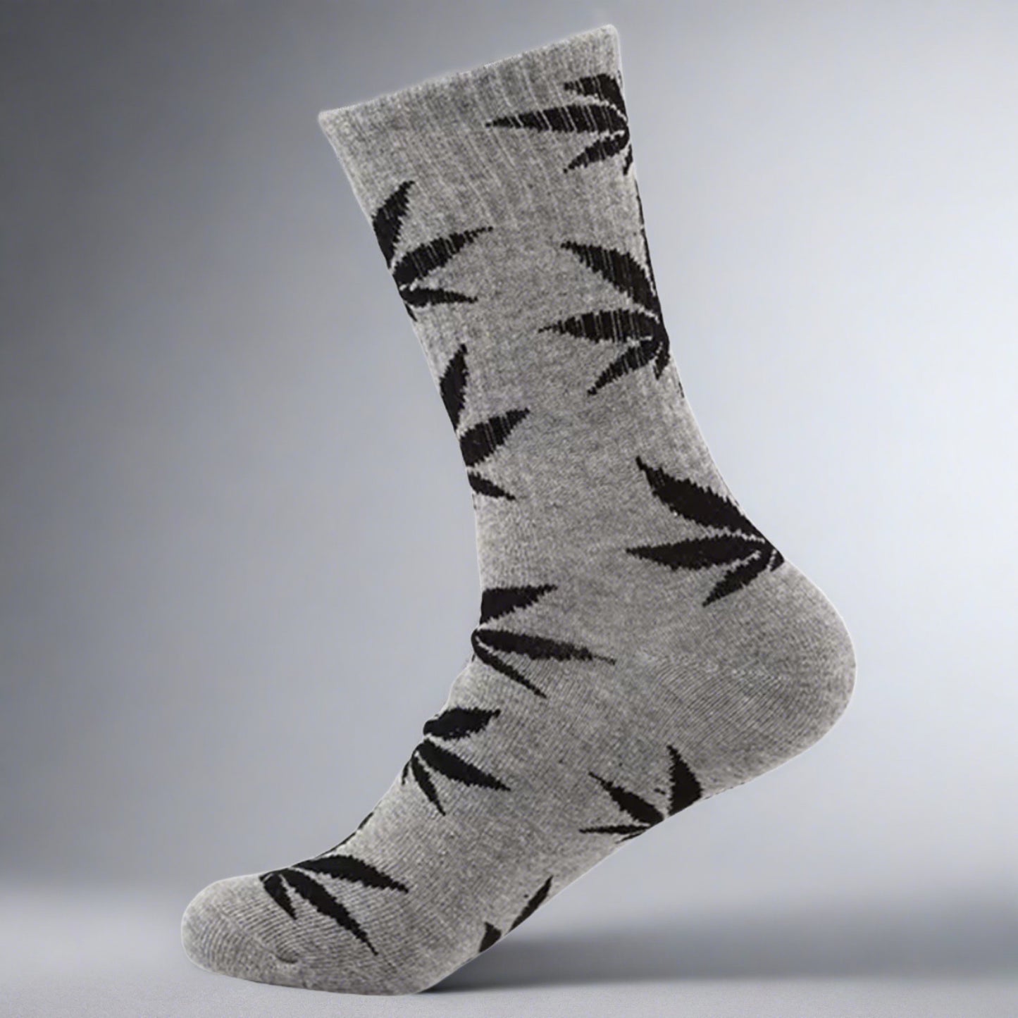 Gray and black weed leaf crew socks