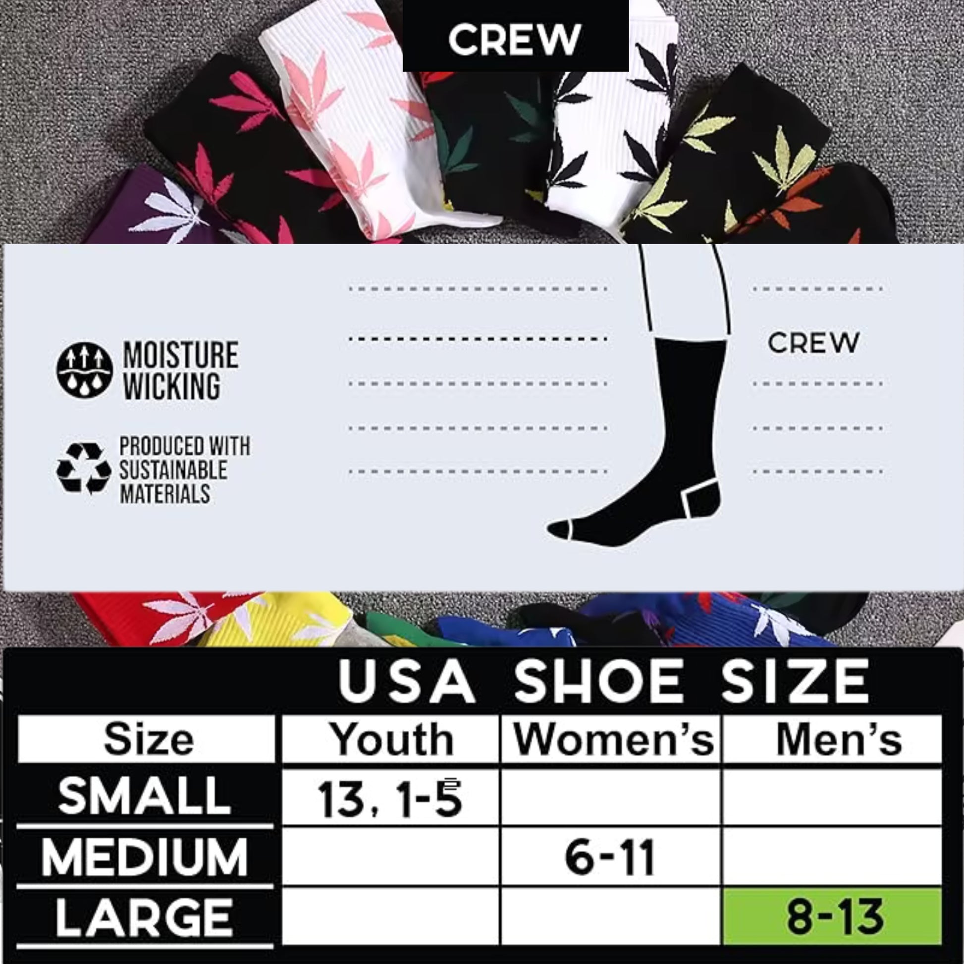 Variety of marijuana, crew, socks, size chart, small, medium, large US shoe size youth women's men's