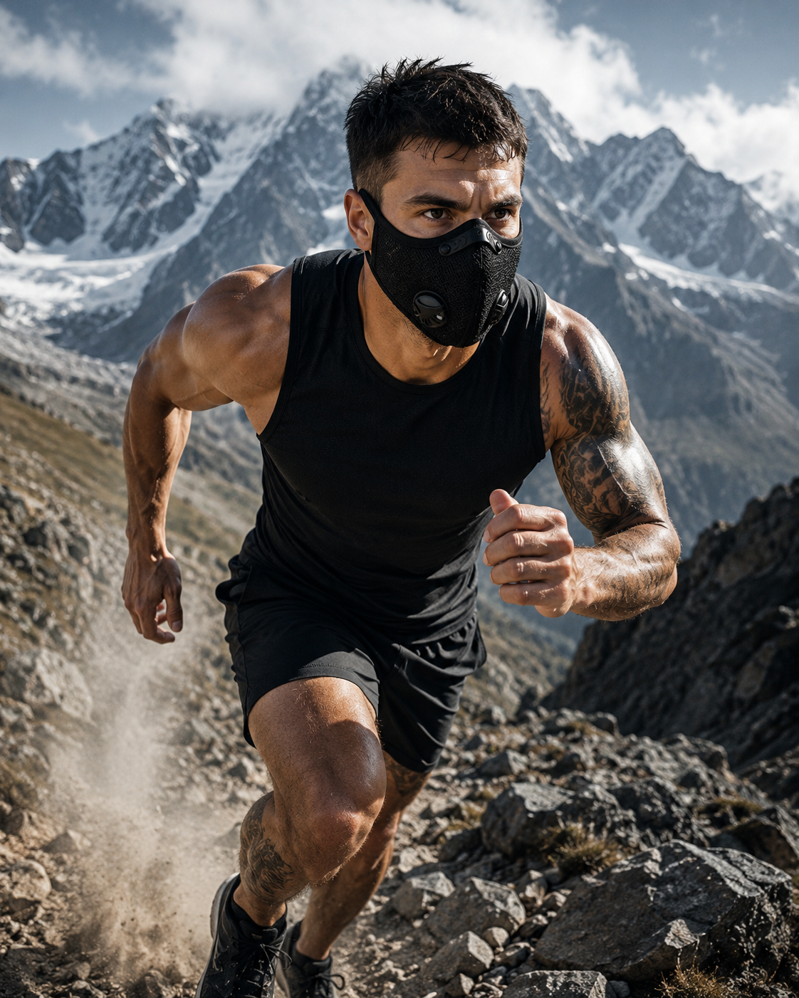 SKIZEES black double valve sports mask worn during high altitude mountain training