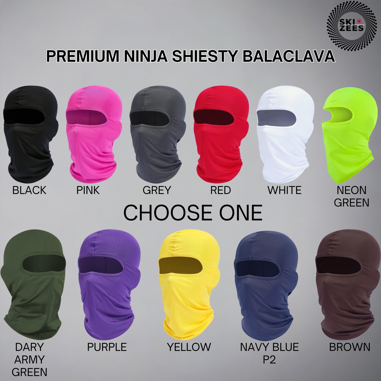 premium ninja shiesty balaclavas black, pink, grey, red, white, neon greeen, dark army green, purple, yellow, navy blue, brown