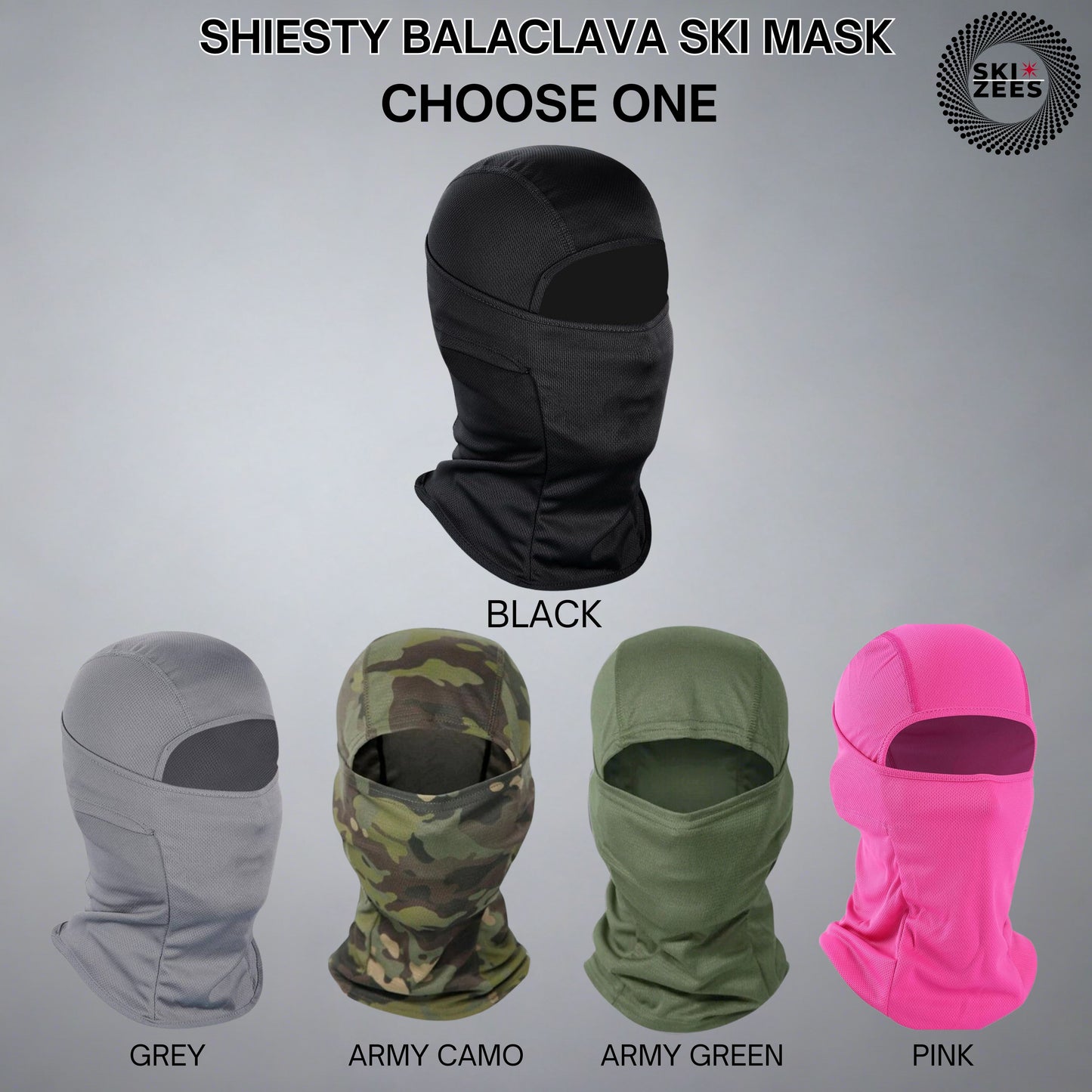 shiesty balaclava ski masks black, grey, army camo, army green, and pink