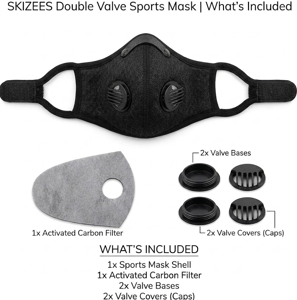 SKIZEES Double Valve Sports Mask with included components on a white background