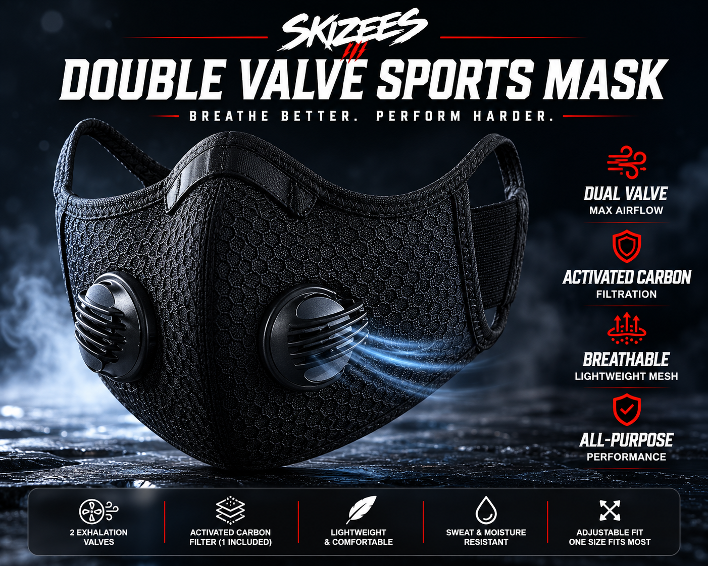 SKIZEES black double valve sports mask hero graphic with airflow and all-purpose performance features