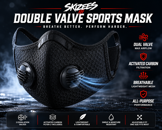 SKIZEES black double valve sports mask hero graphic with airflow and all-purpose performance features