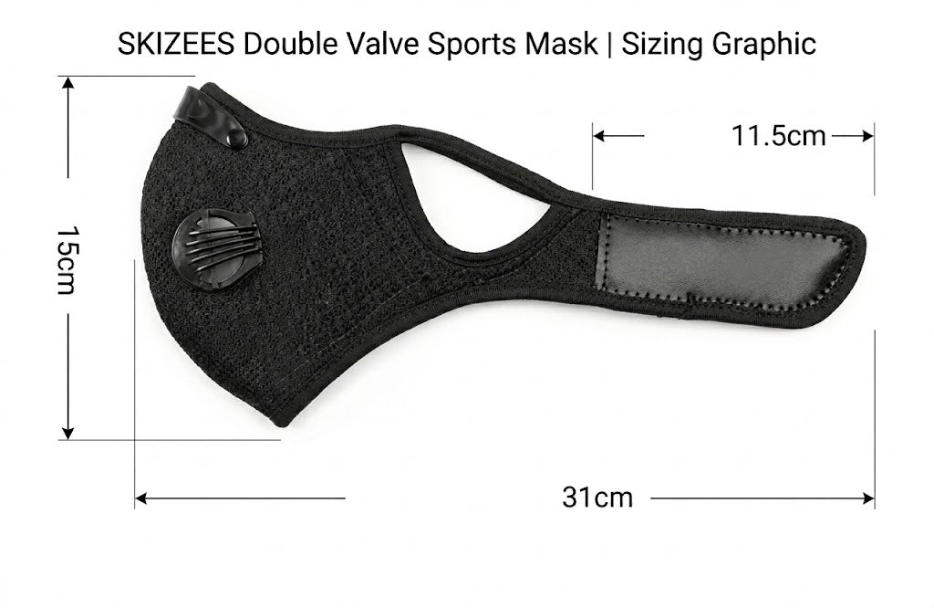 SKIZEES double valve sports mask sizing graphic showing mask dimensions and adjustable strap