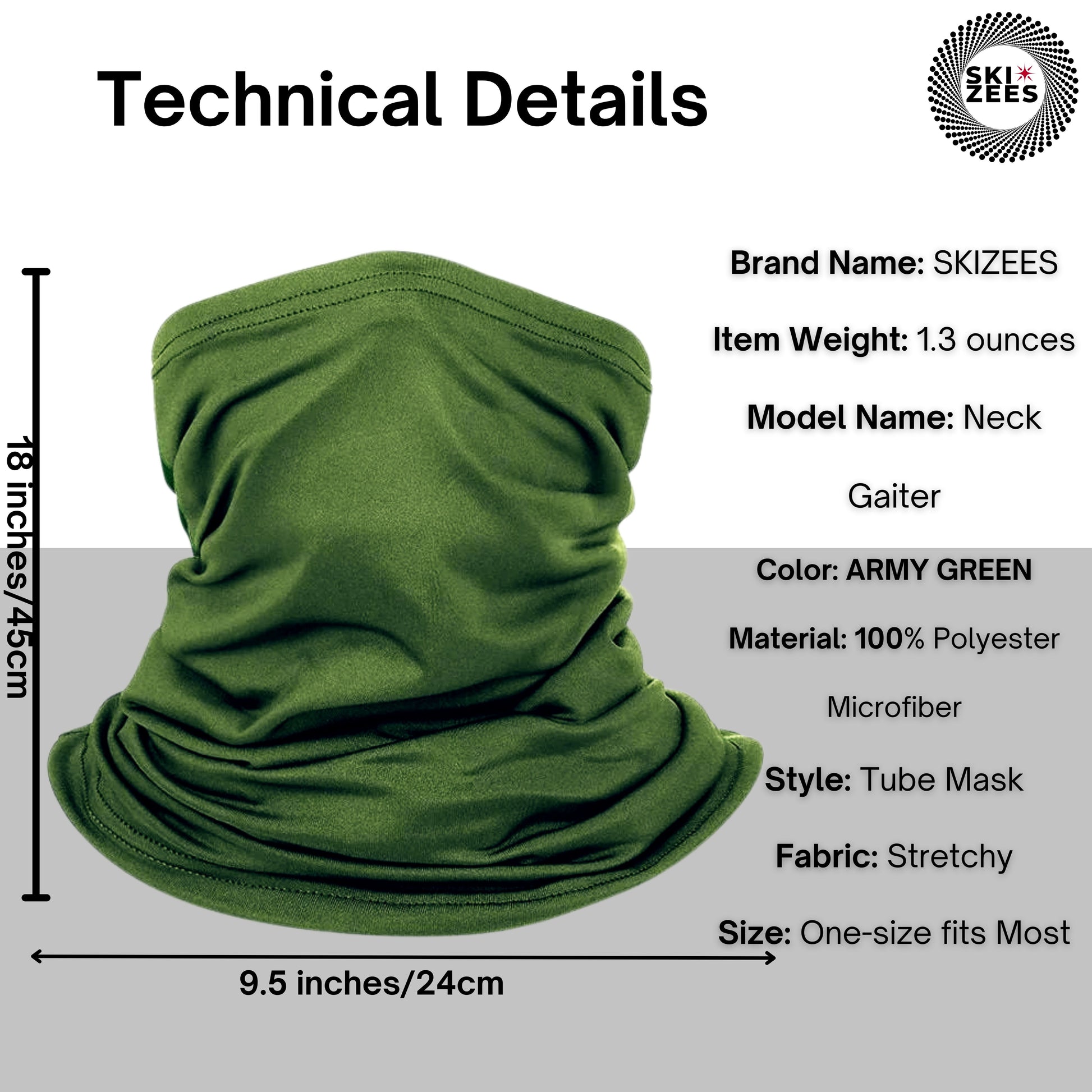 Army Green neck gaiter, half face mask technical details