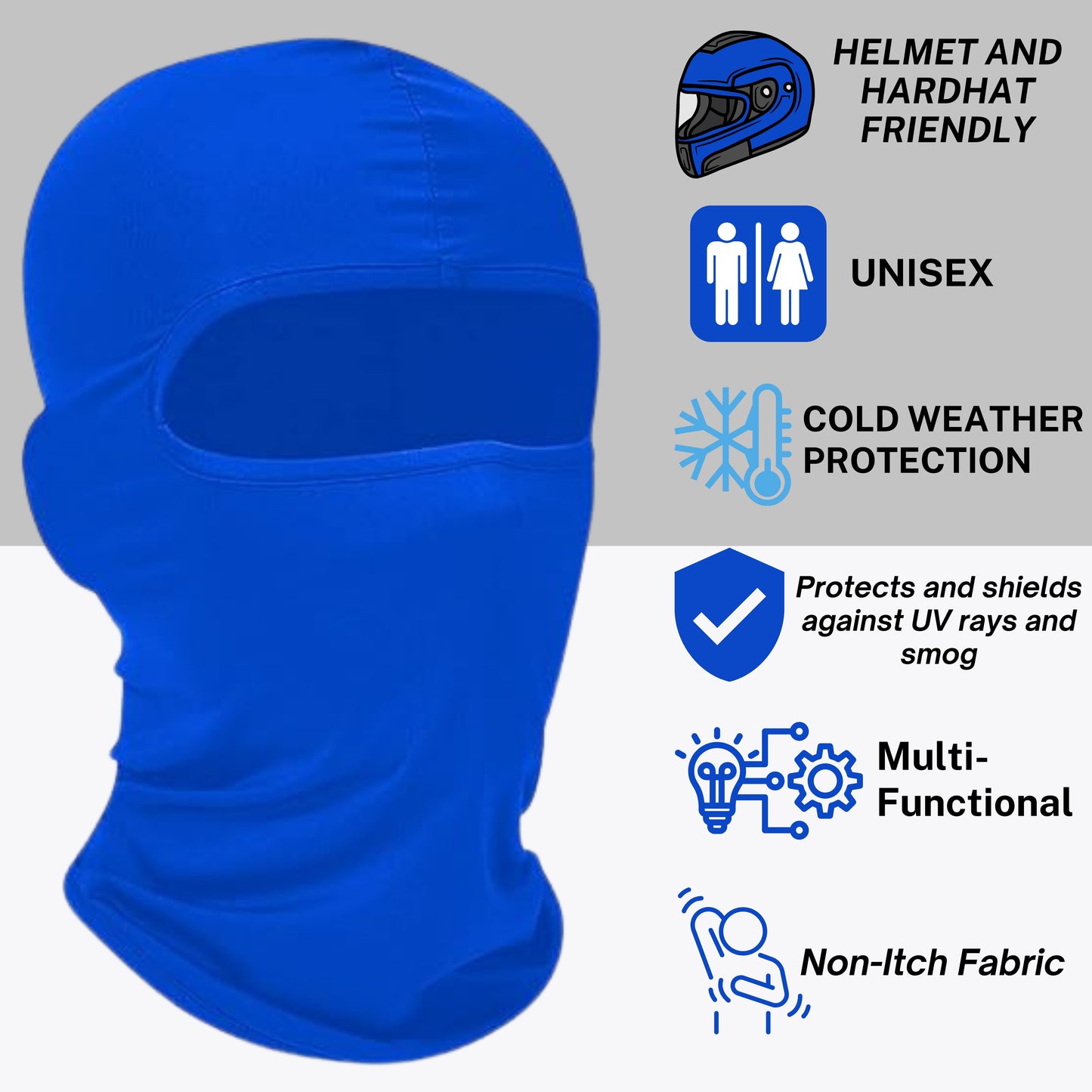 - Helmet and hardhat friendly unisex sports wear cold weather protection and protects and shields against UV rays and smog made with non-itch fabric.