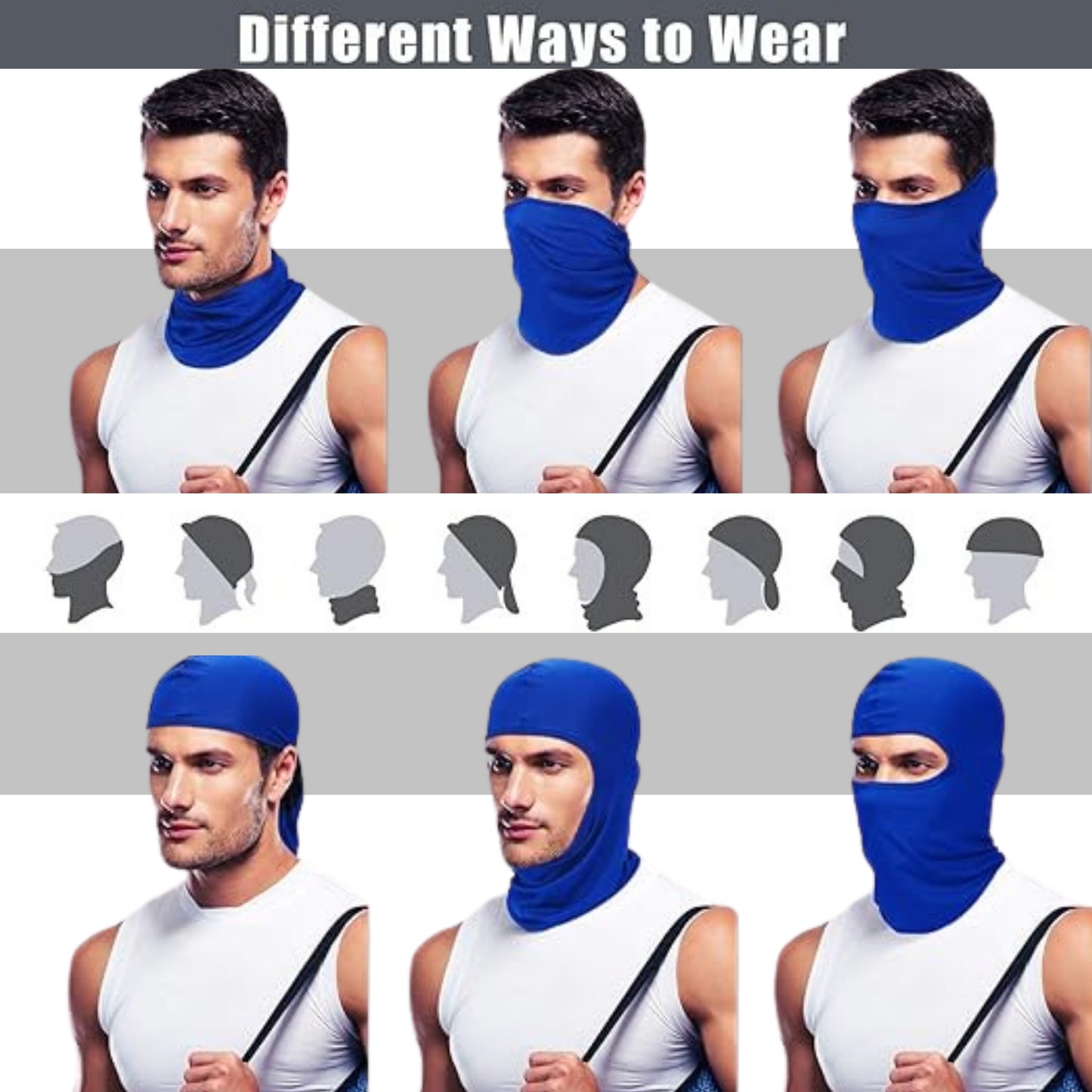 Different ways to wear versatile, full-face mask, beanie, neck gaiter, du-rag, balaclava, ski mask, bandanna, ski beanie, sheisty