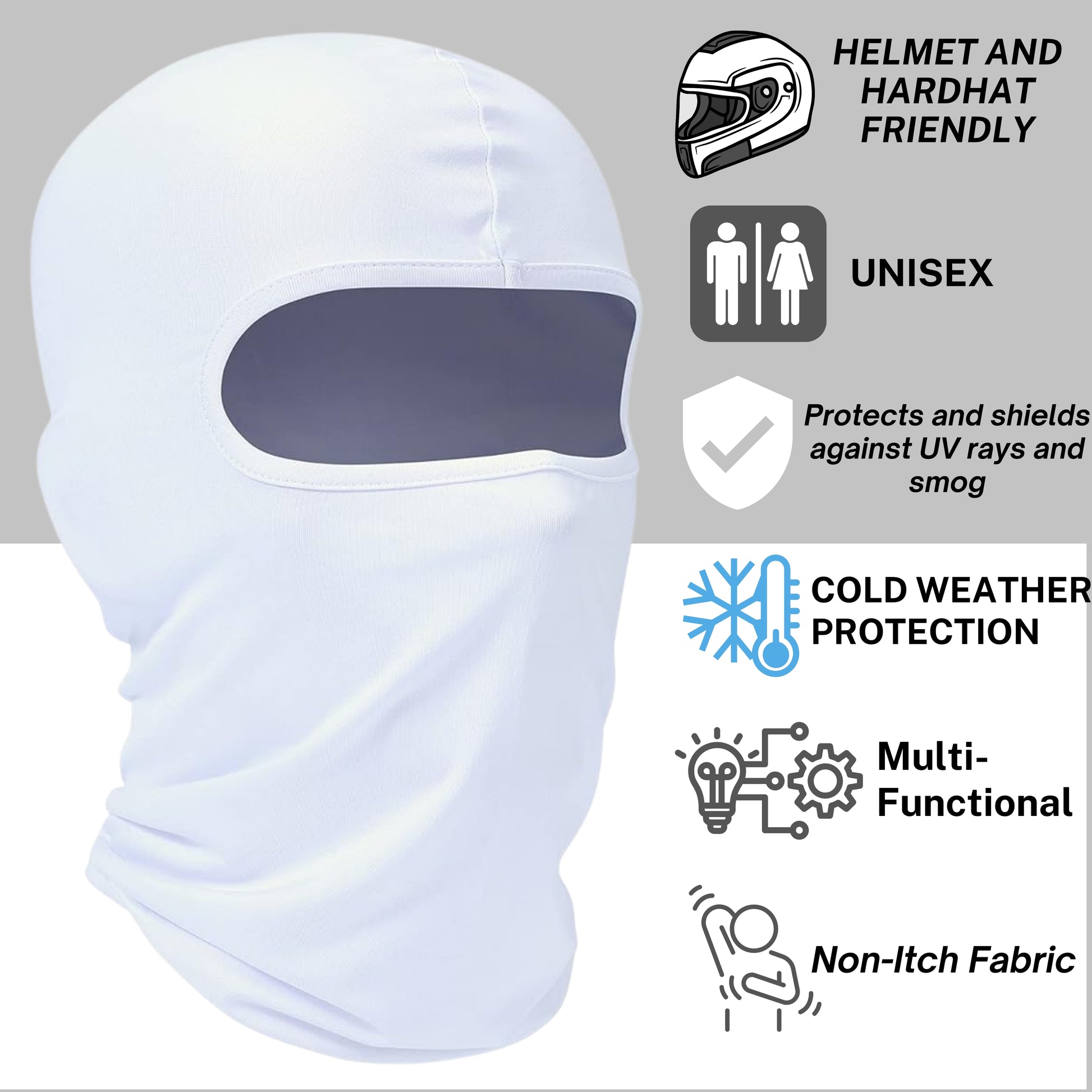 - Helmet and hardhat friendly unisex sports wear cold weather protection and protects and shields against UV rays and smog made with non-itch fabric.