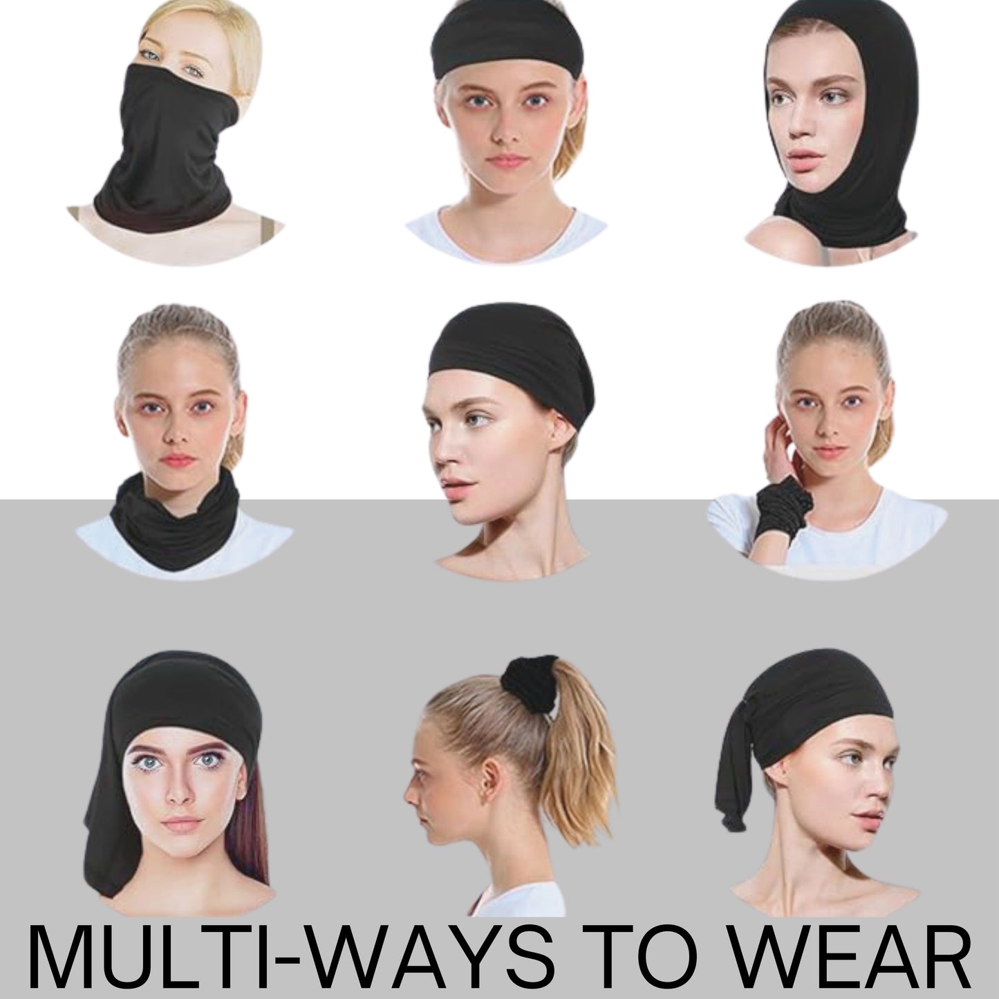 Multiple ways to wear neck gaiter tube half mask face cover.