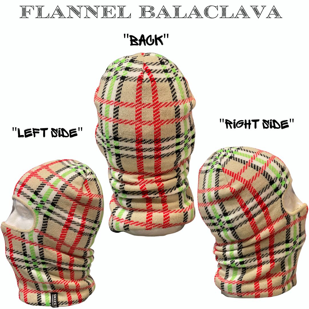 Skizees Flannel red, black, green, white, tan.