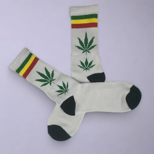 White Rasta Leaf Crew Socks