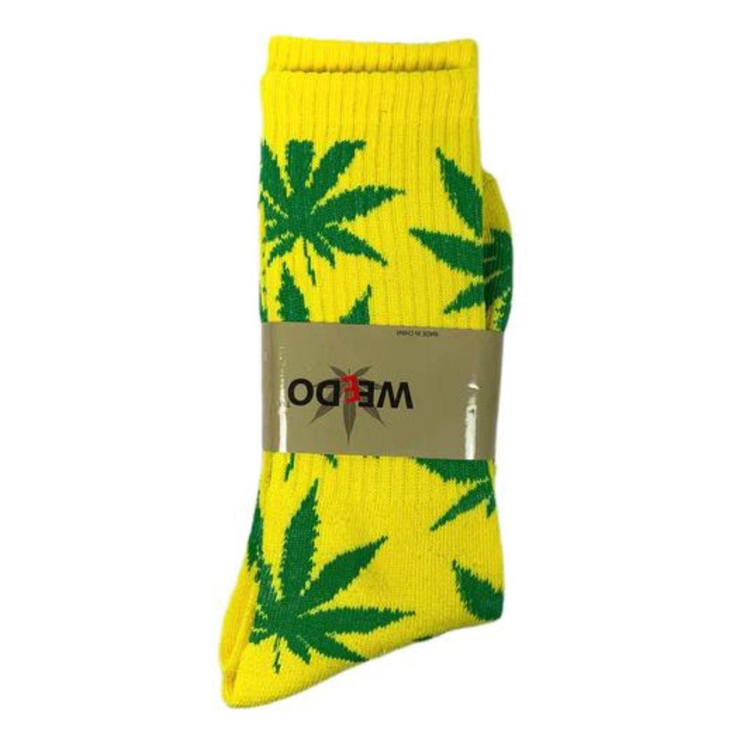 Weedo yellow crew socks with green marijuana leaves