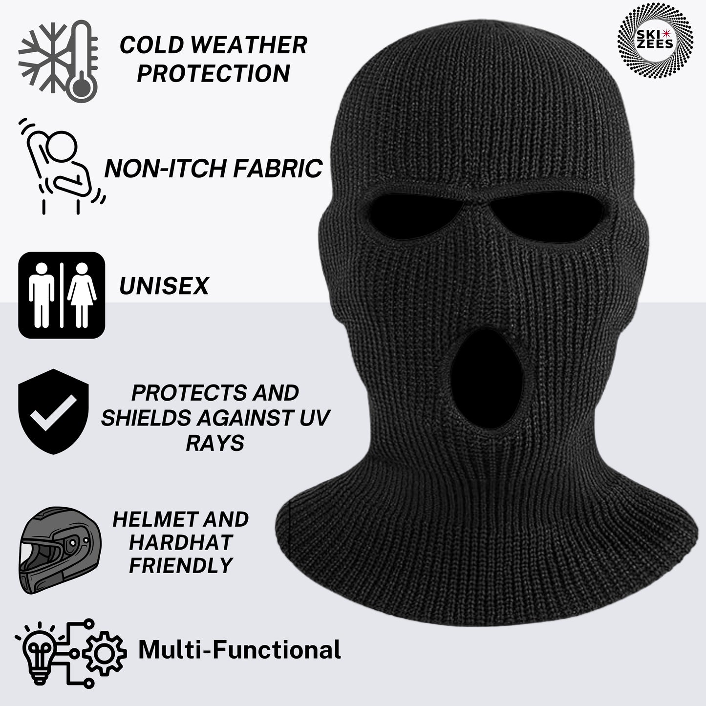 black mask has cold weather protection, non-itch fabric, unisex fashion, helmet and hardhat friendly