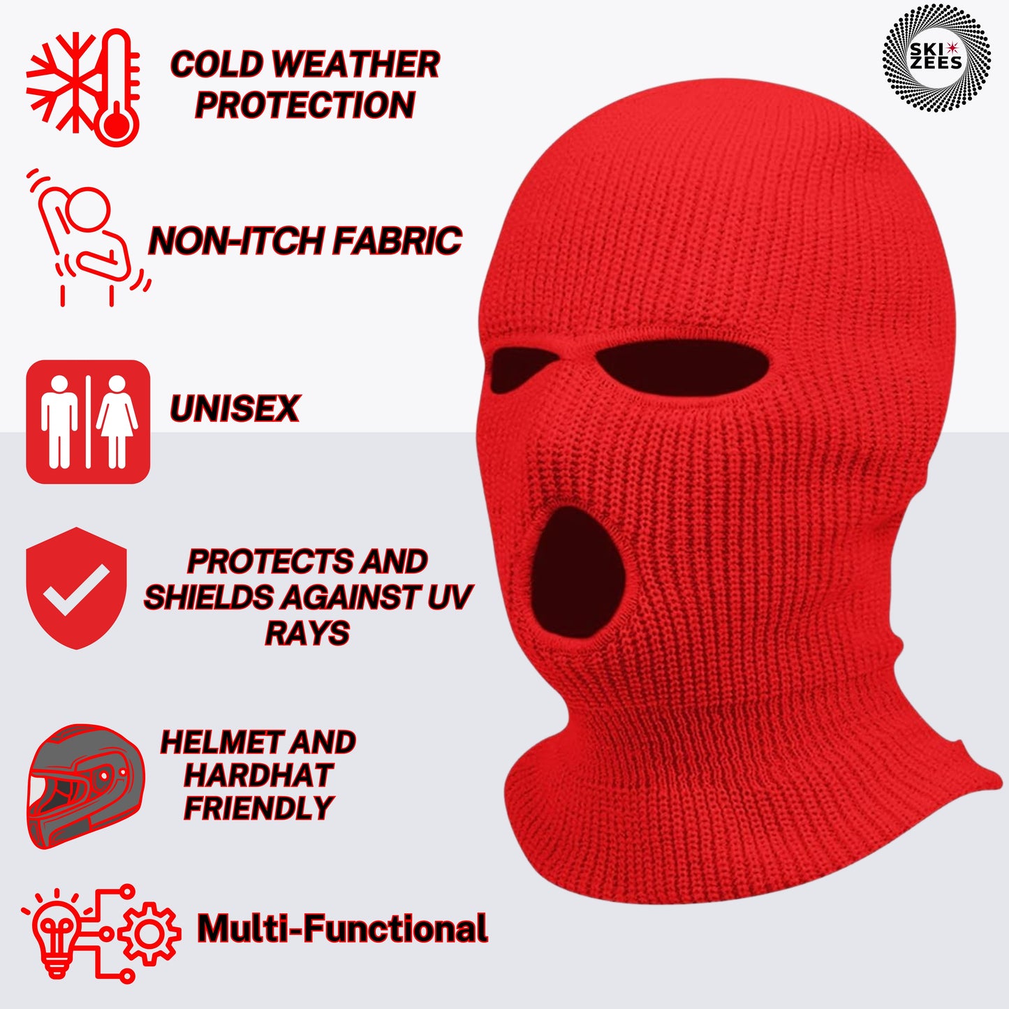 red 3-hole ski mask cold weather protection and non itch fabric unisex fashion helmet and hard hat friendly