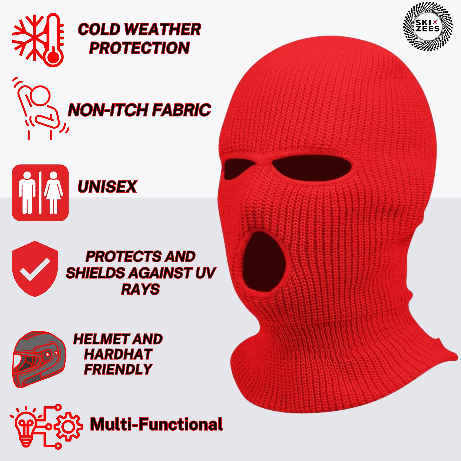 red 3-hole ski mask cold weather protection and non itch fabric unisex fashion helmet and hard hat friendly