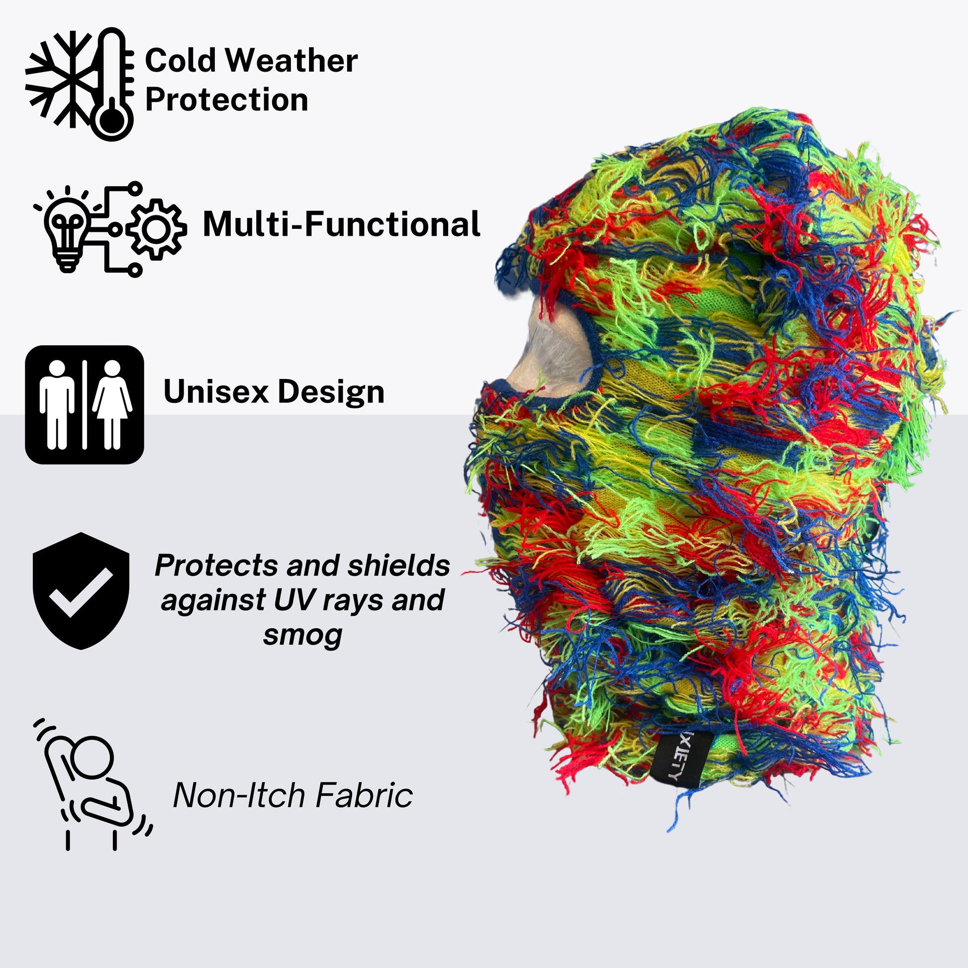 Skizees neon rainbow distressed yeat balaclava, blue, green, red, yellow