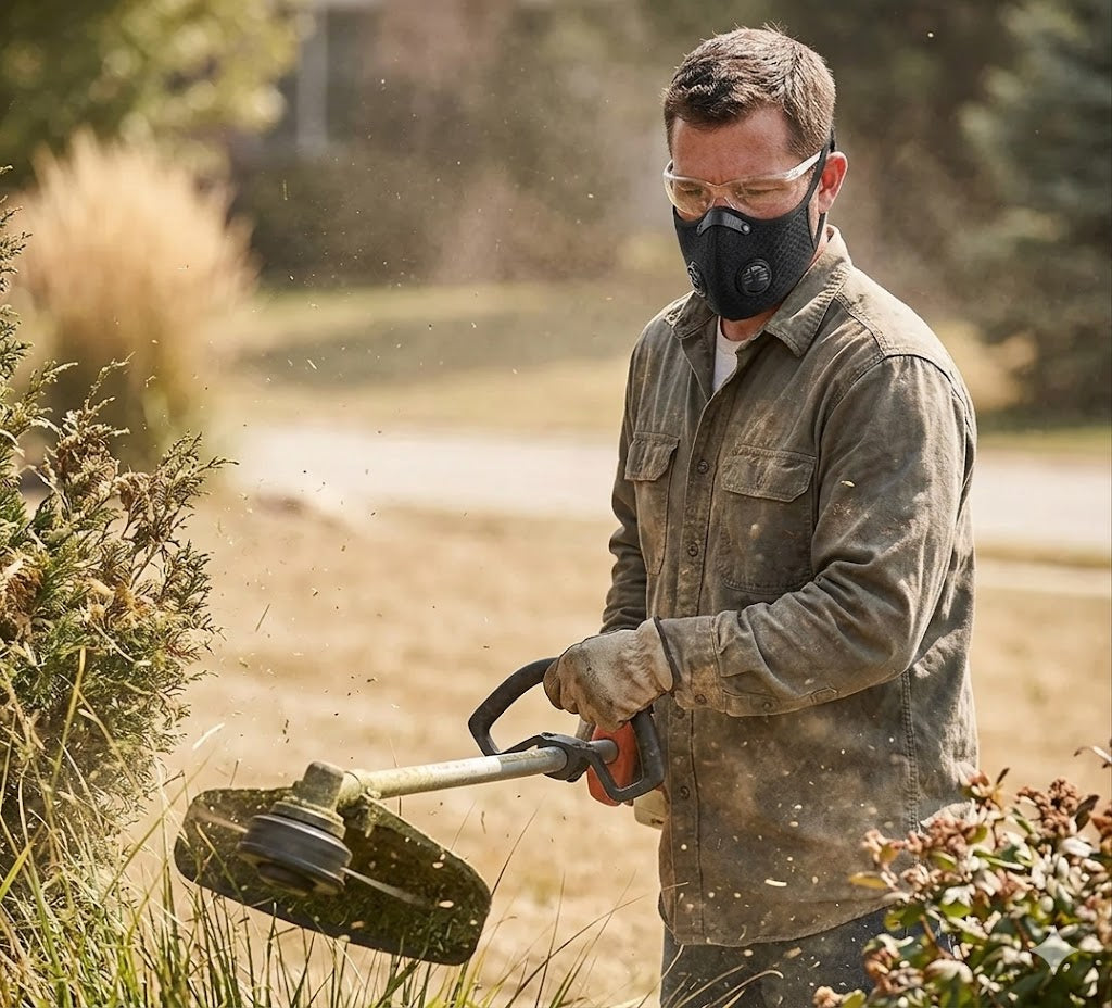 Man using a string trimmer in a garden wearing a skizees double valve sport face mask.