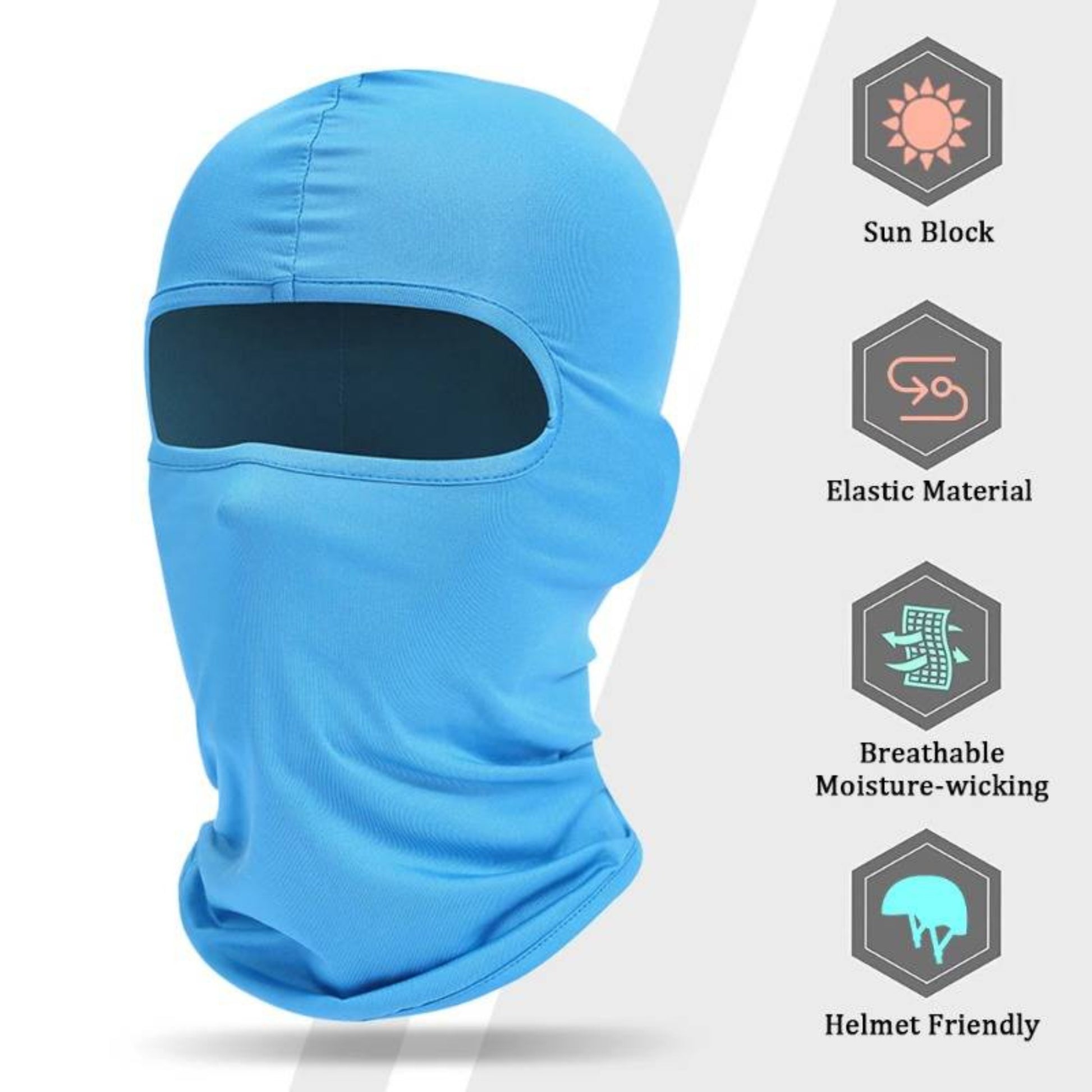 thin blue mask block sun, elastic material, breathable moisture-wicking, helmet friendly