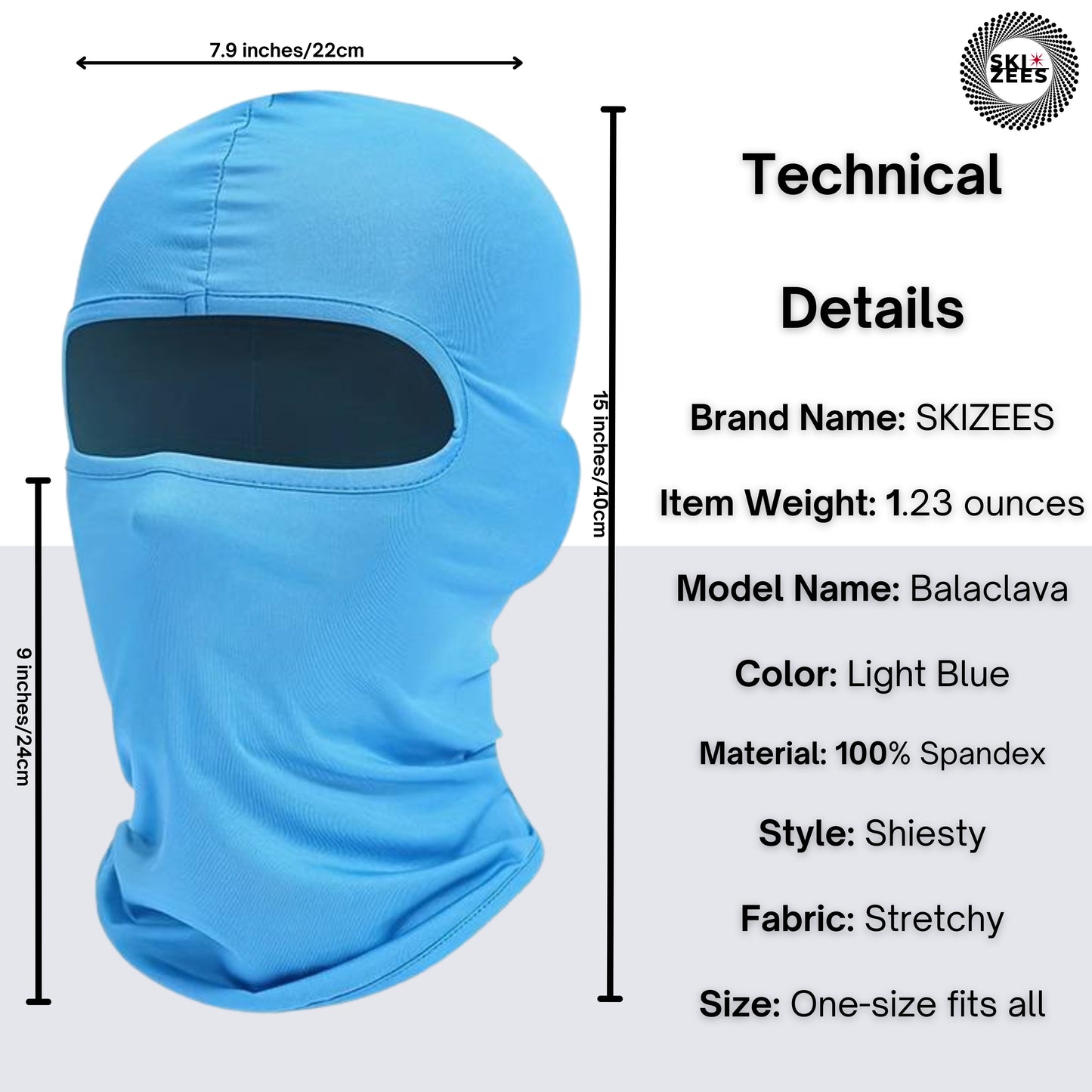 light blue shiesty ski mask technical details 100% spandex, stretchy fabric, one-size-fits-all