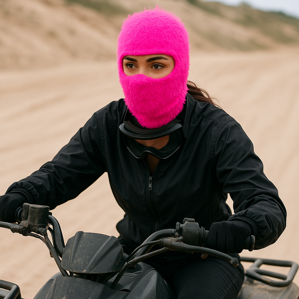Person wearing a bright pink balaclava and black jacket on an ATV in a desert setting