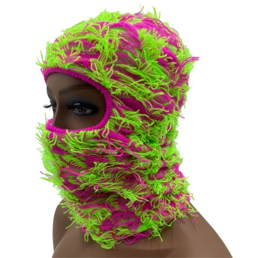 neon pink and green distressed balaclava ski mask