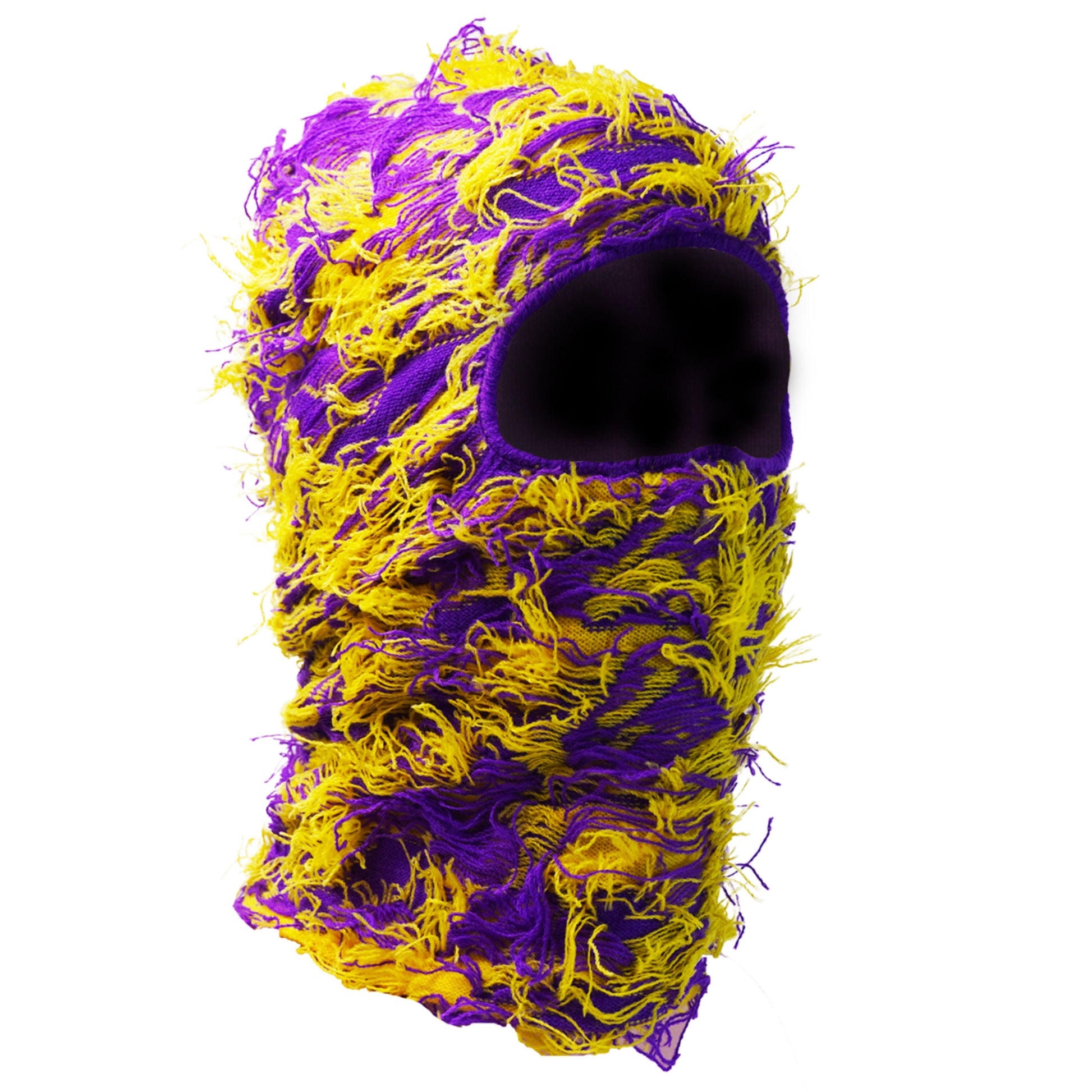 purple and yellow fuzzy ski mask