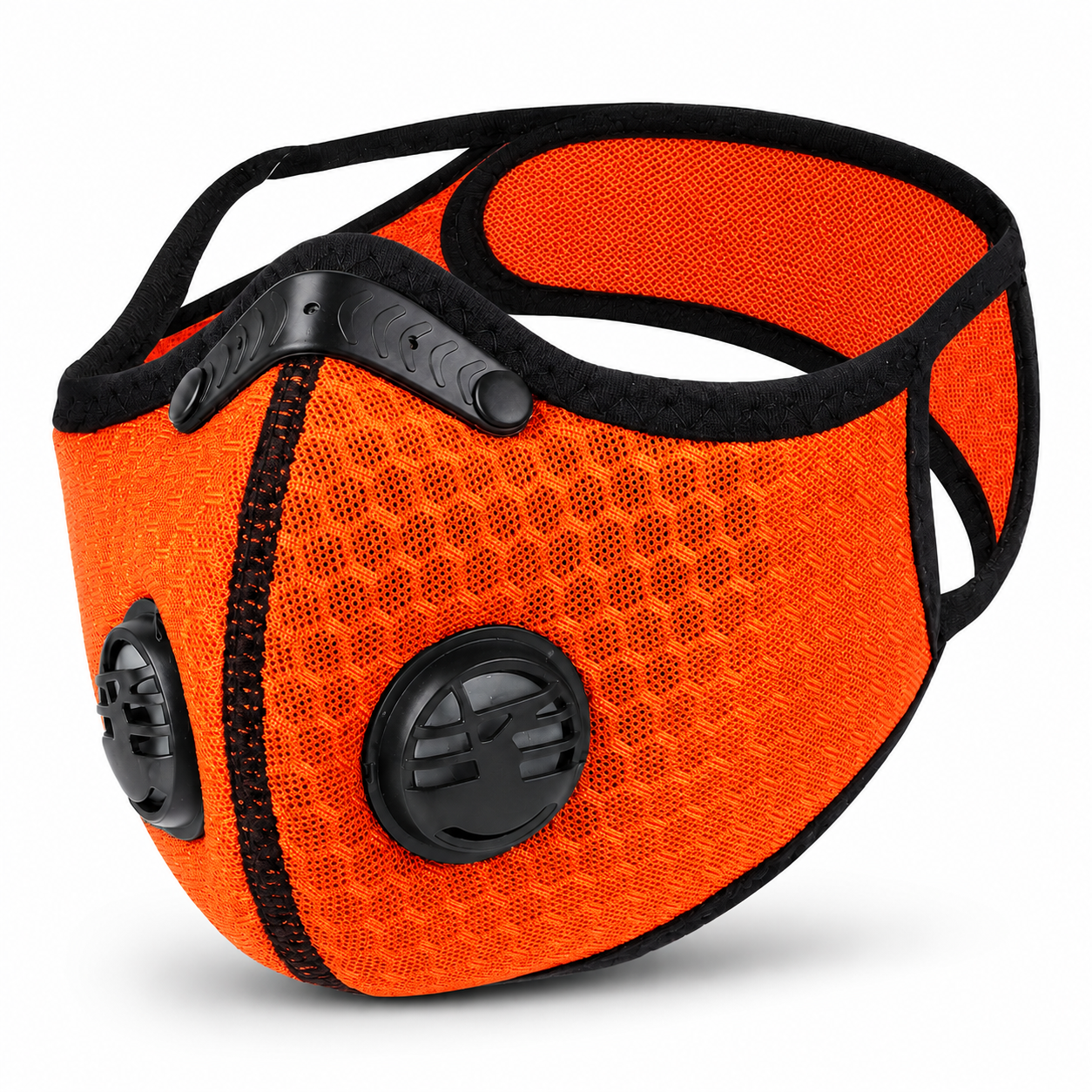 SKIZEES orange double valve sports mask with black trim, breathable mesh, and dual exhalation valves