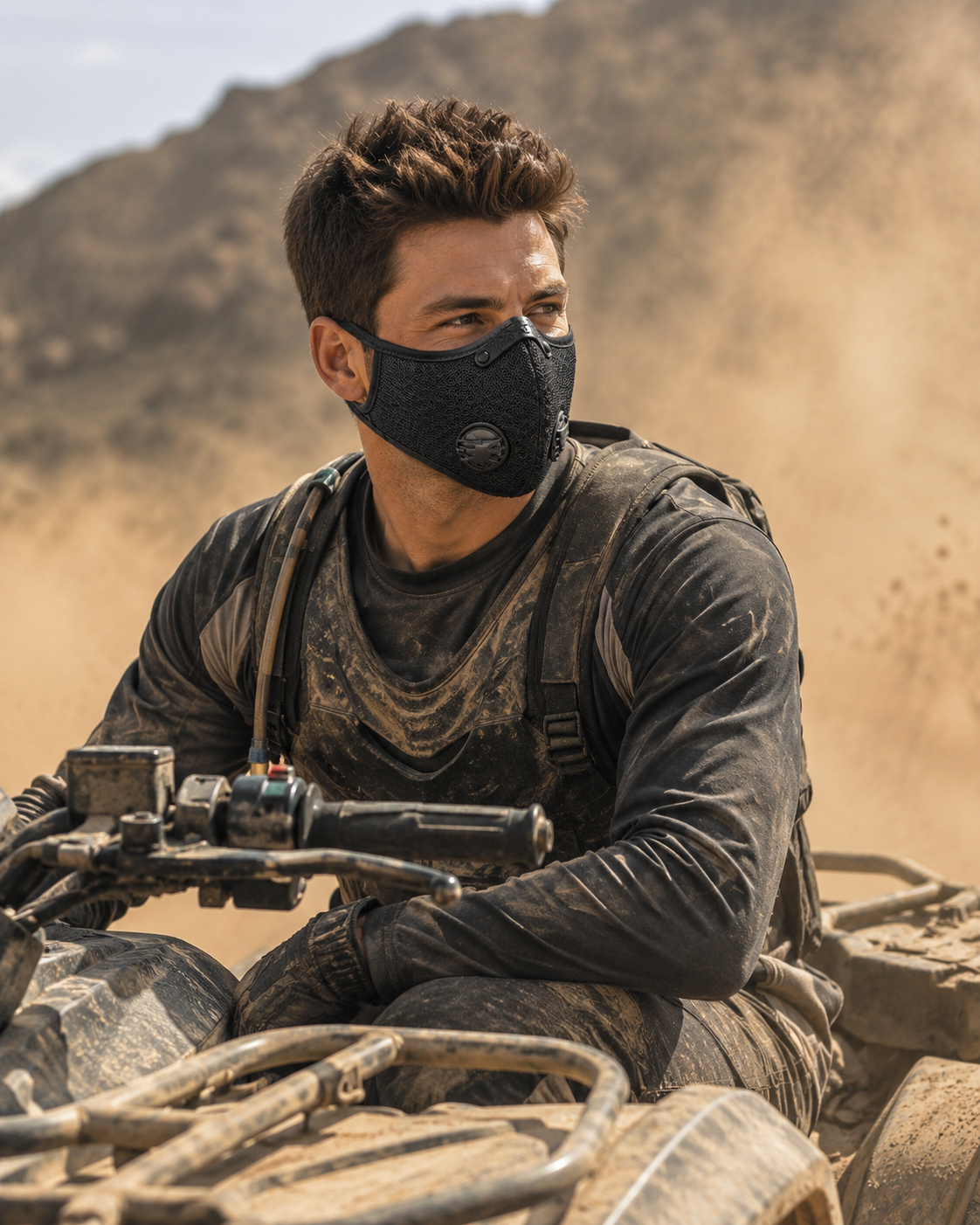 Man riding ATV in dusty off-road terrain wearing SKIZEES black double valve sports mask