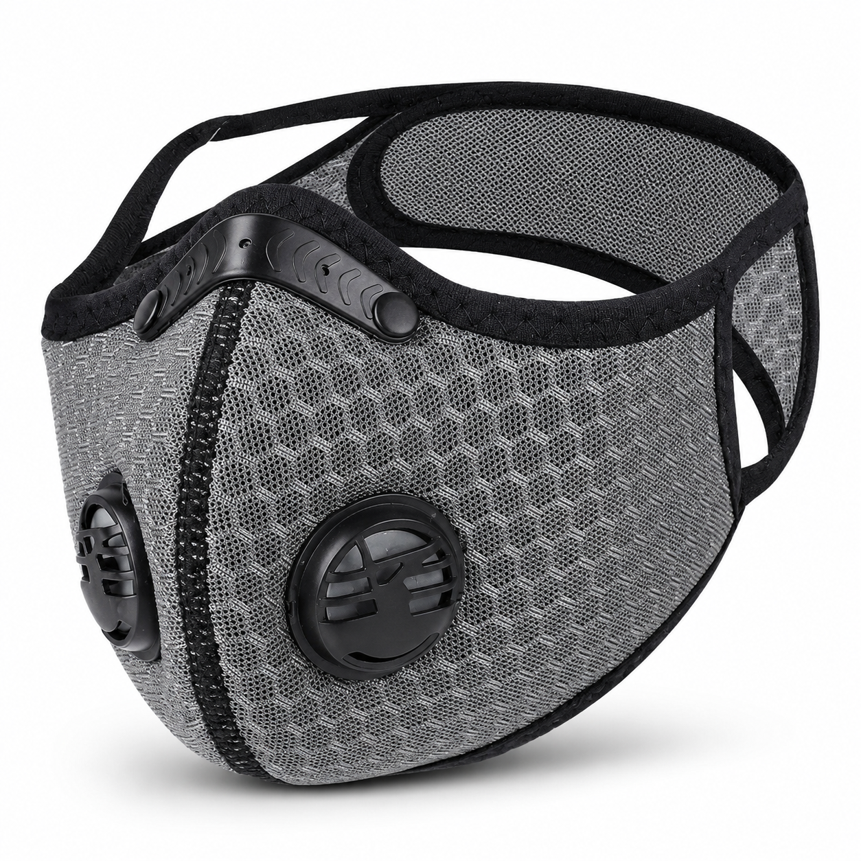 SKIZEES gray double valve sports mask with breathable mesh, black trim, and dual exhalation valves