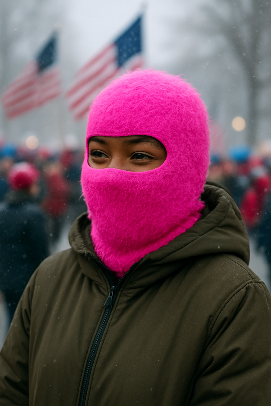 Person wearing a bright pink balaclava in a snowy outdoor setting with American flags in the background.