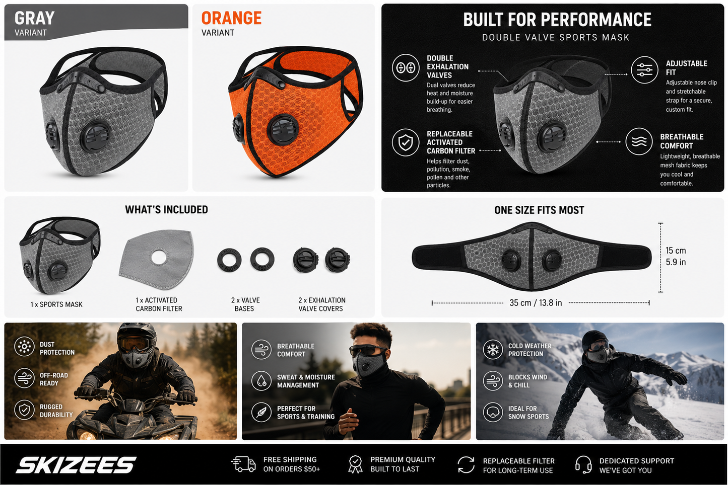 SKIZEES double valve sports mask feature overview showing mask colors, filter, valves, sizing, and activity use cases