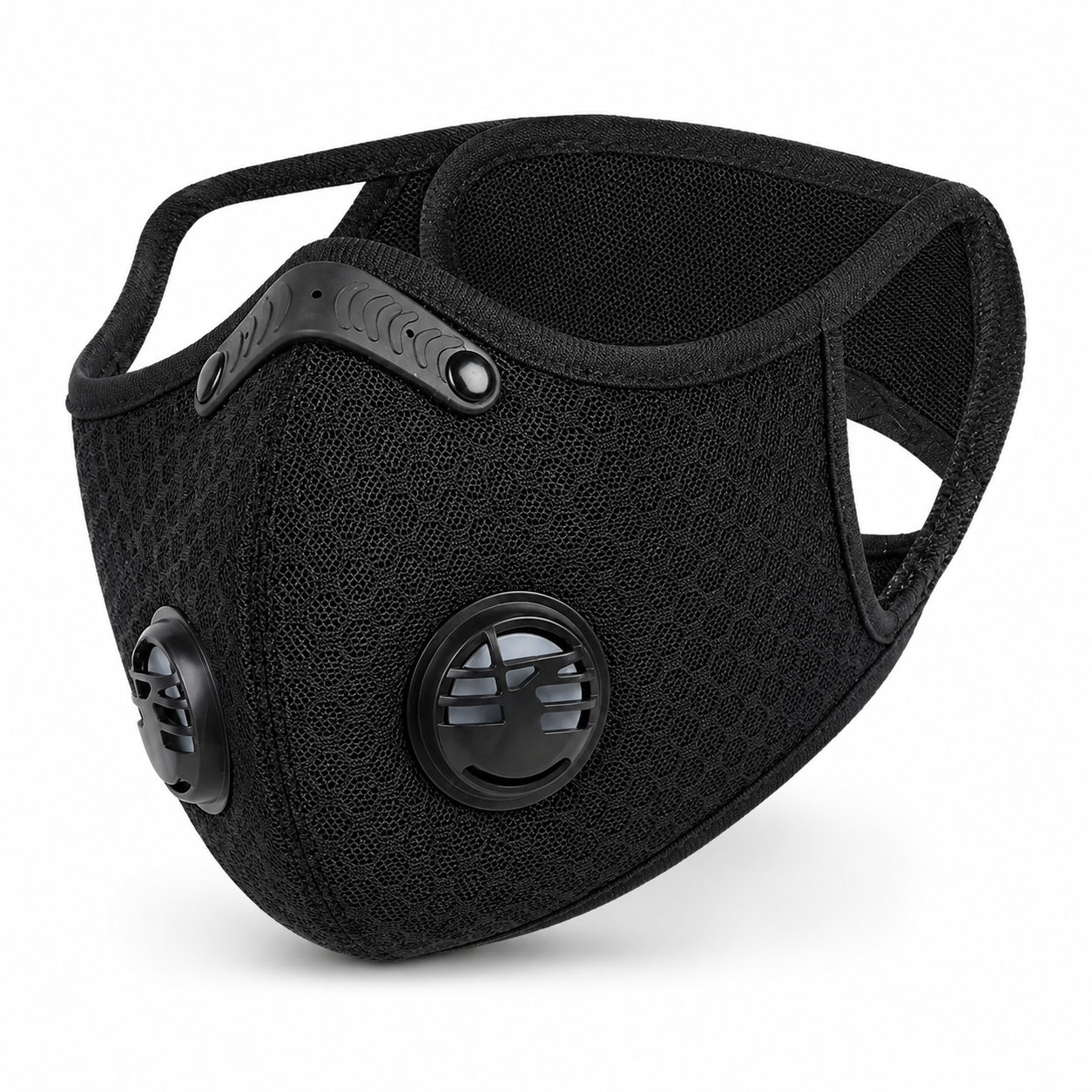 SKIZEES black double valve sports mask with breathable mesh, nose clip, and dual exhalation valves.