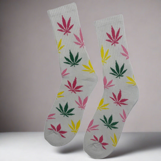 White multicolored, red, pink, green, yellow weed socks